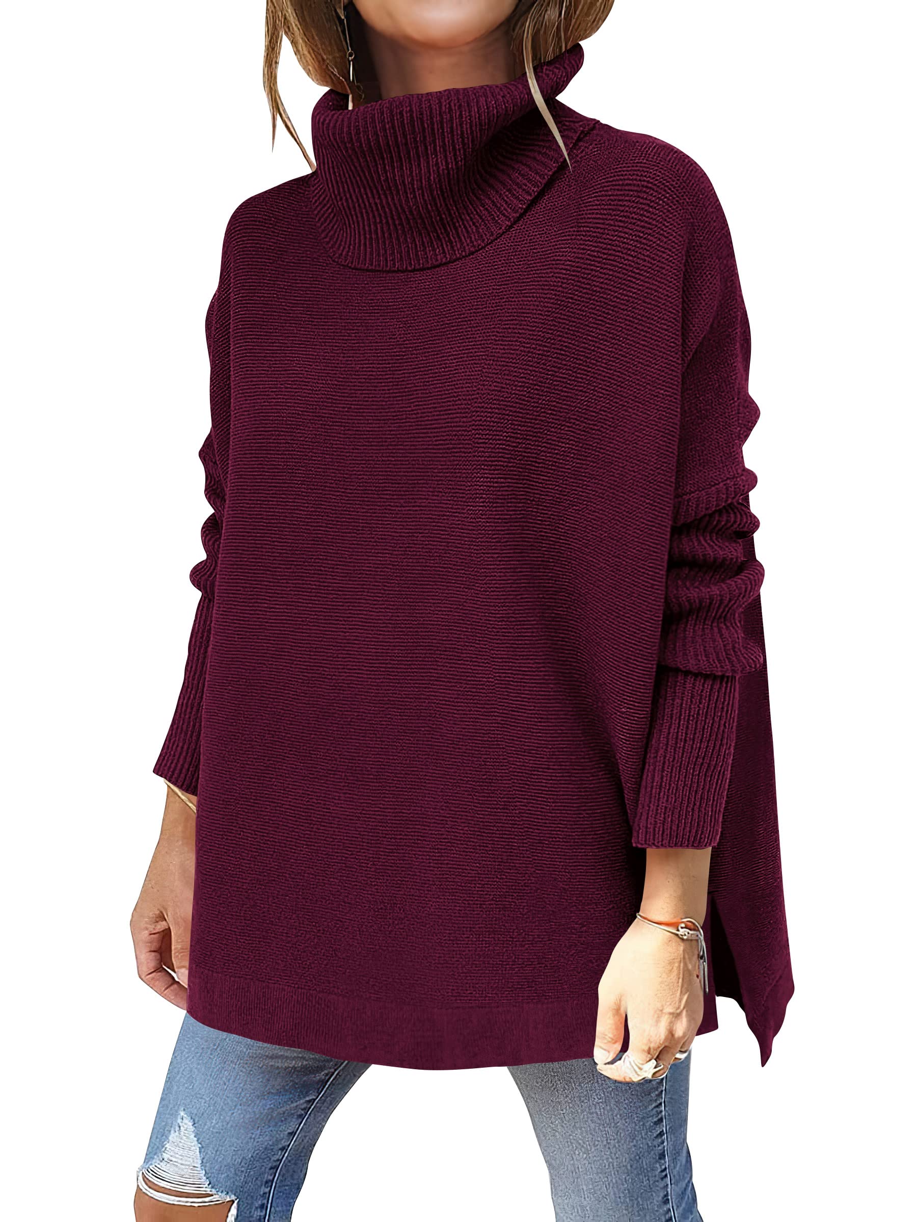 ANRABESS Women's Oversized Turtleneck Batwing Sleeve Spilt Casual Loose Knit Tunic Pullover Sweater Tops 2025 Fall Outfits