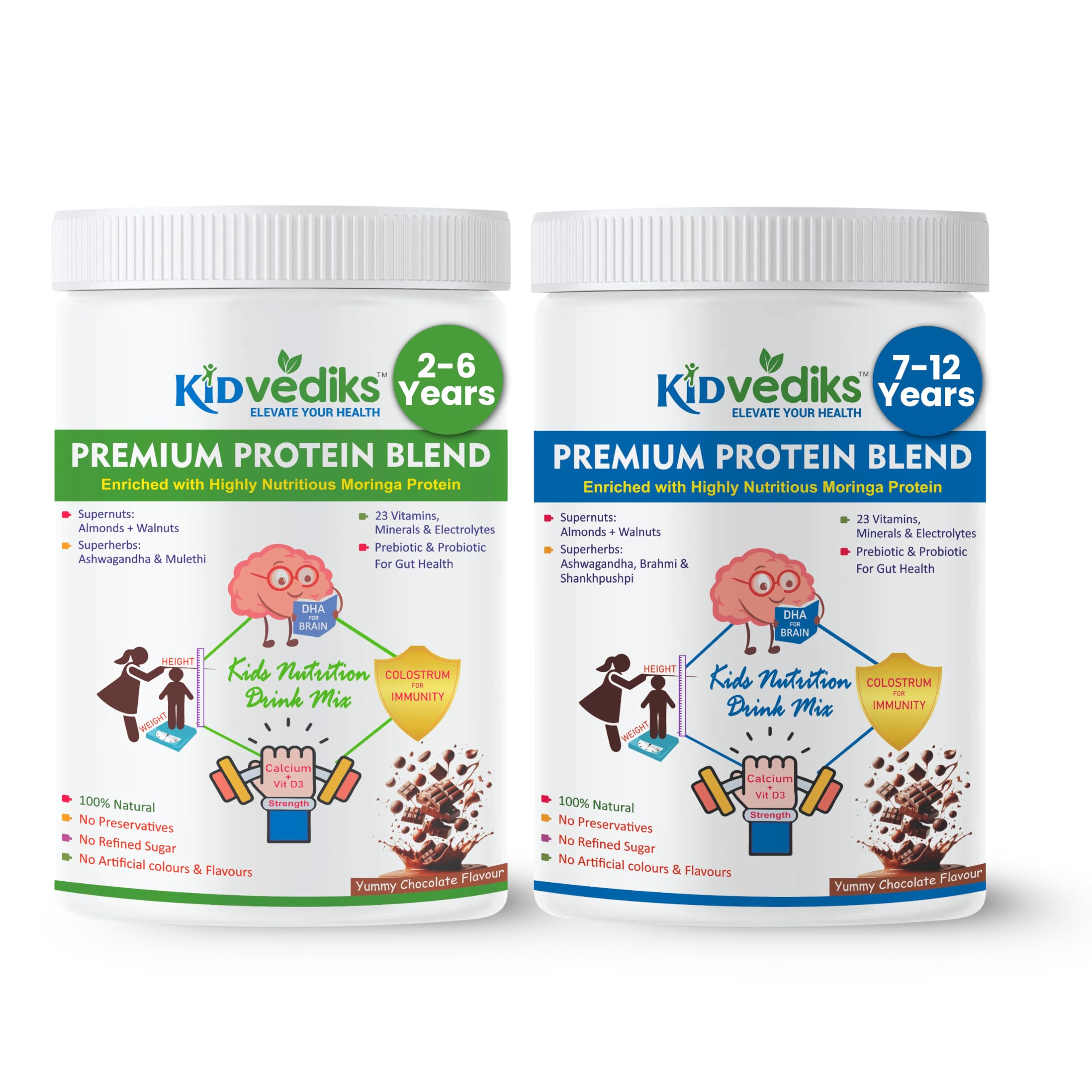 KidVediks Kids Nutrition Drink Mix For 2-6 and 7-12 yrs Combo ( 350g Each) | 5 Premium Protein Sources | 23Vitamins& Minerals ,DHA, Moringa, calcium,zinc | | No Refined Sugar ,Artificial Flavours or Preservatives-image-21