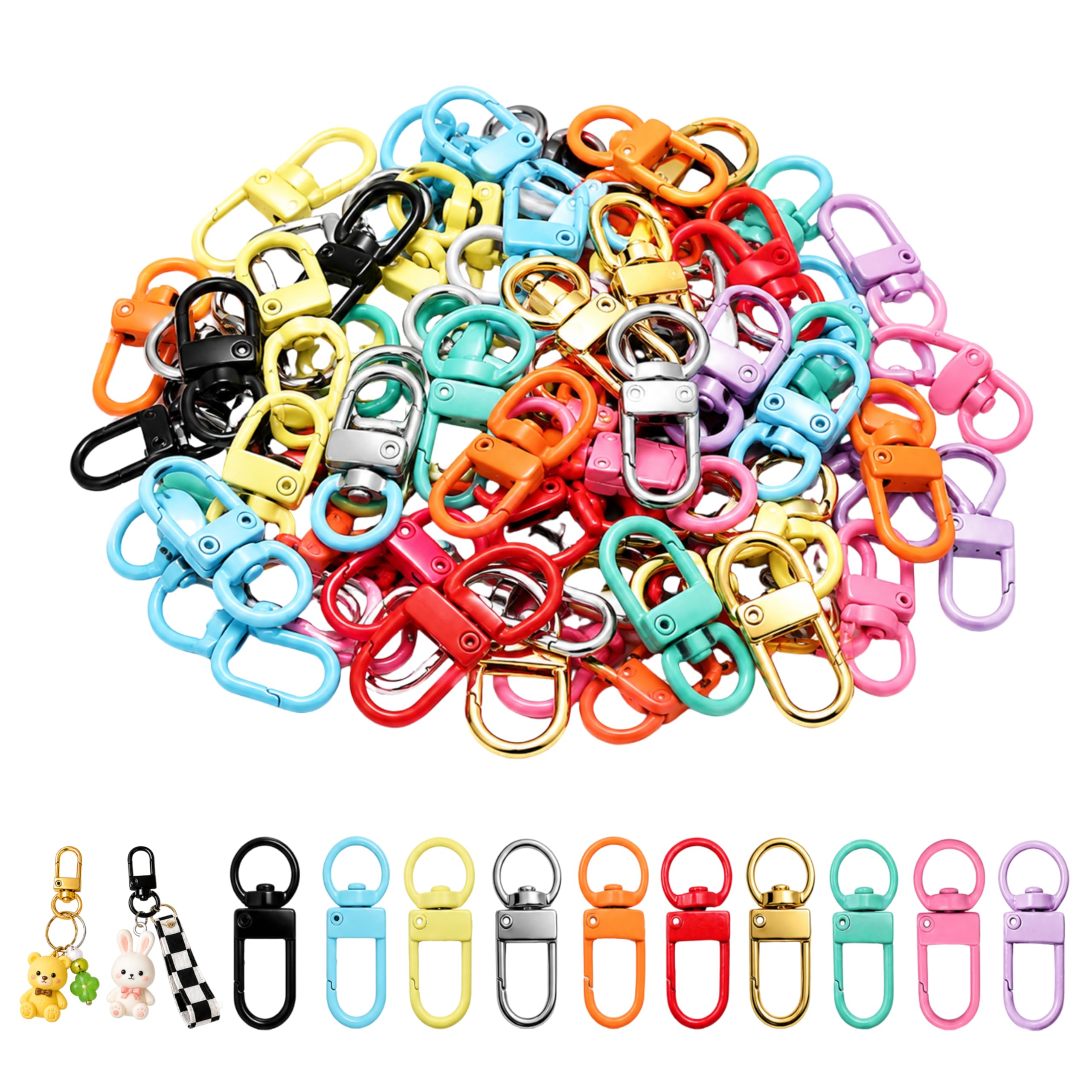 100pcs Colorful Swivel Lobster Claw Clasps, Rotary Keychain Clips and U-Shaped Snap Hooks for DIY Jewelry Making, Bulk Key Chain Hooks for Bag Charms, Purse Accessories and Lanyard Crafts
