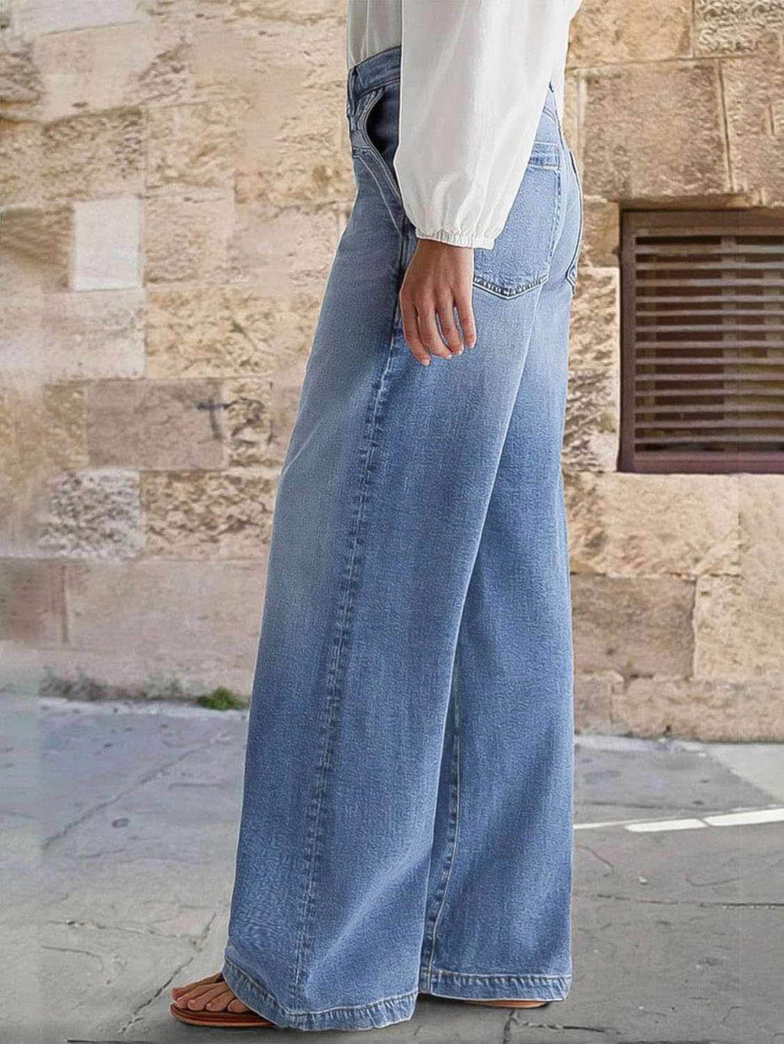 Flamingals Wide Leg Jeans for Women Mid Waist Baggy Stitch Decor Denim Washed Pants Without Belt