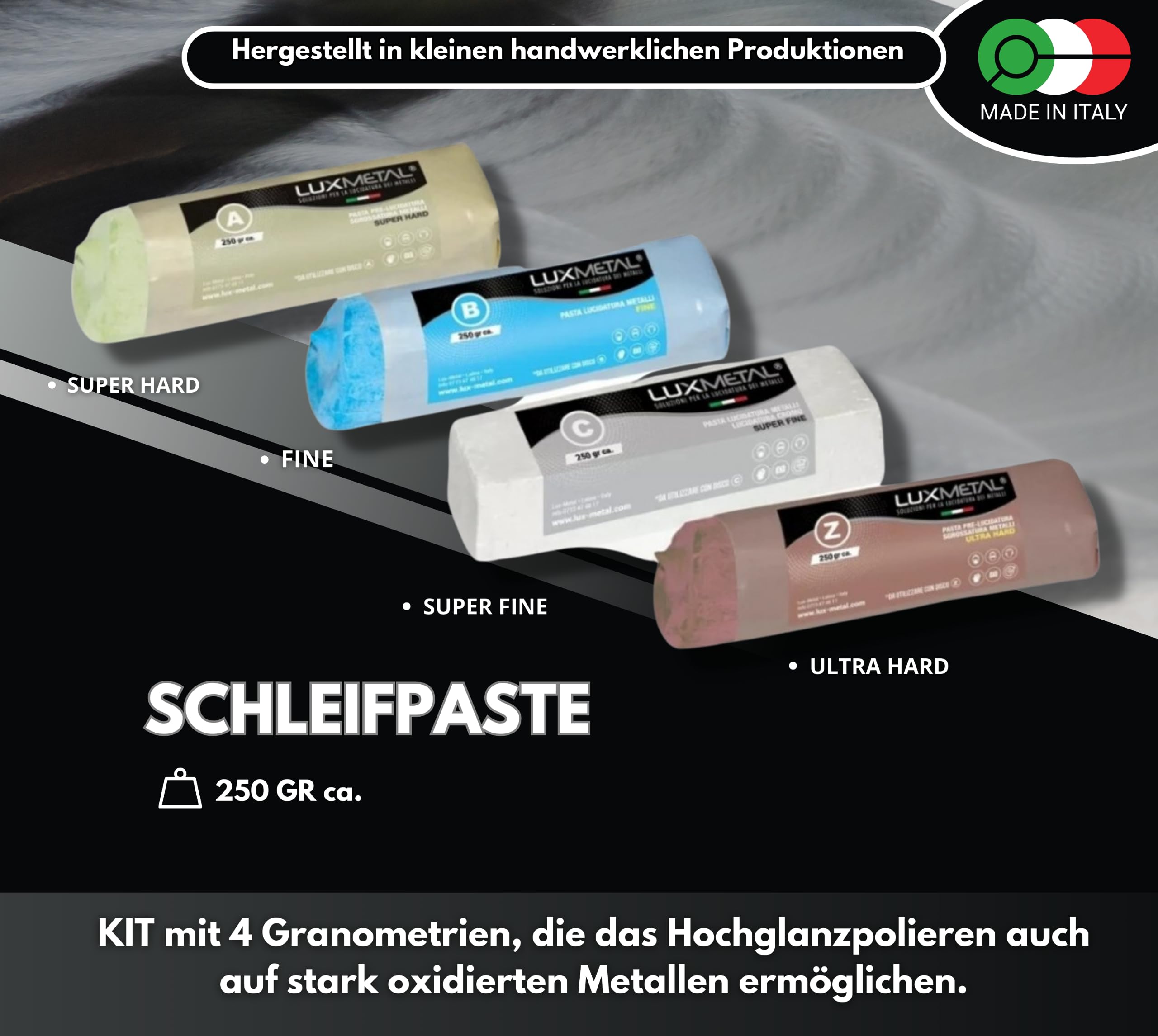 4 polierpaste 250 g - 4 Polierscheibe 100 mm Polierset set DIY kit Schleifpaste Metall, Aluminium, Bank Poliermaschine, Edelstahl, Messing, Kupfer, Holz, Kunststoff, schleifmaschinen, messer
