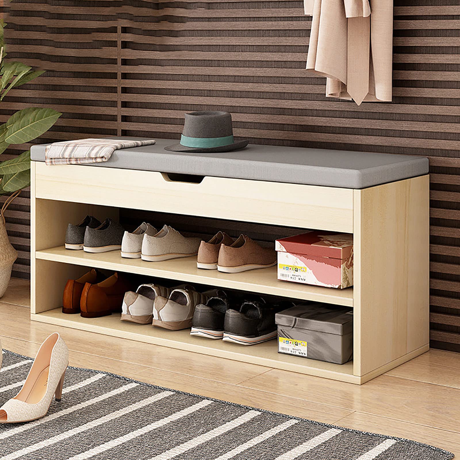 Banc de rangement chaussures rembourré pour libérer l'espace du couloir