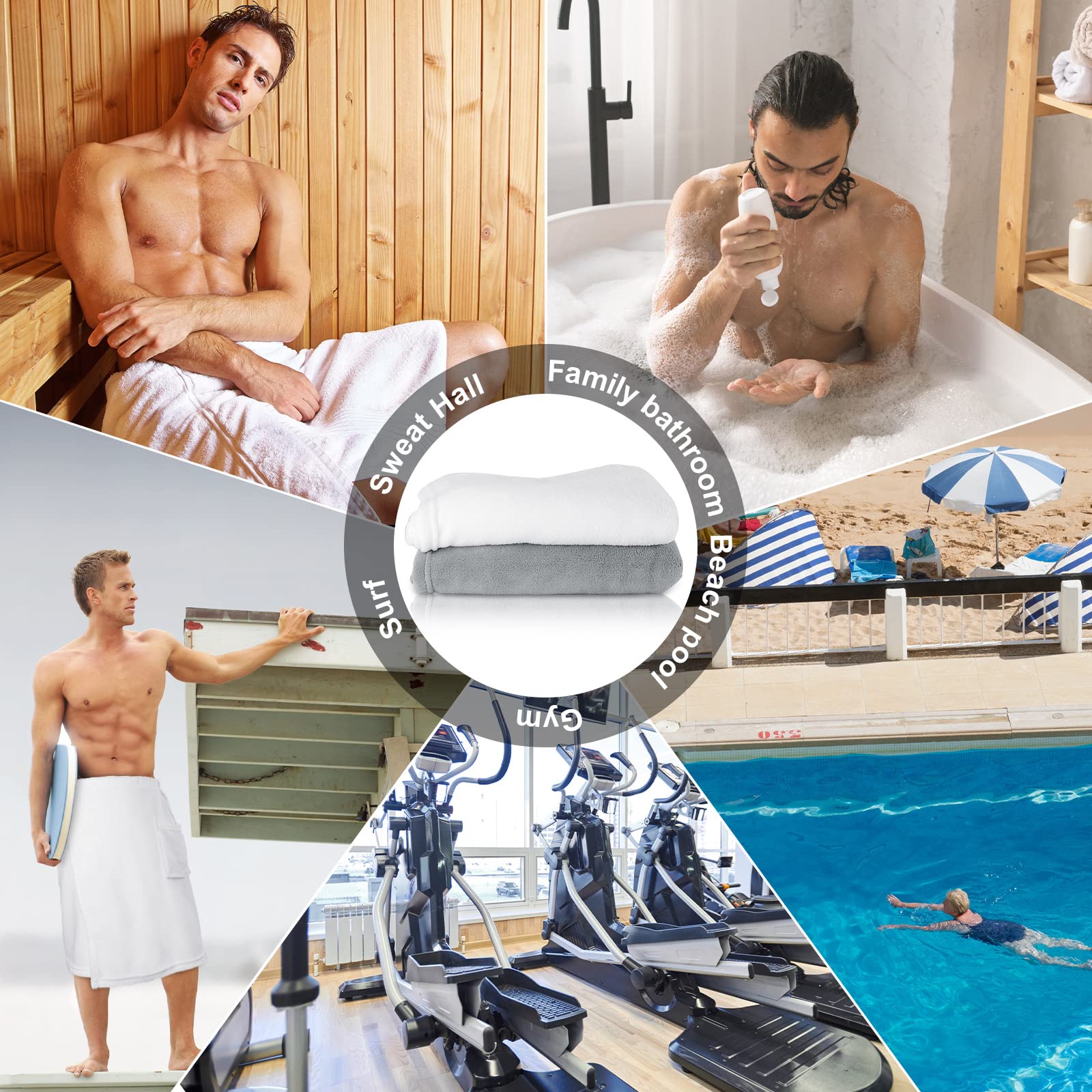 2 unidades para hombre, toalla de sauna, ajustable, con bolsillo, para después de la ducha, toalla de baño de rizo para hombres, ducha, baño, gimnasio (L, gris, blanco)