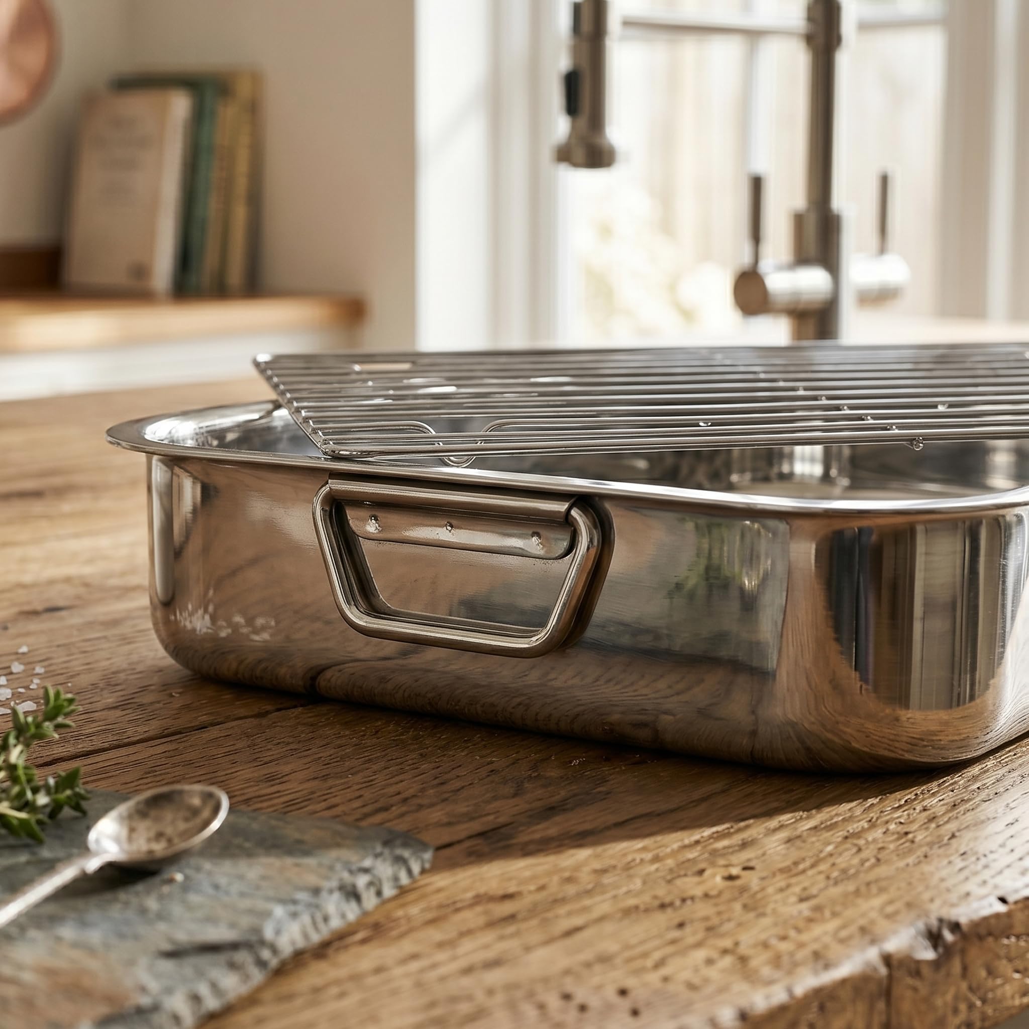 MGE - Oven Roaster with Grill - Taca do Pieczenia - Prostokątna Patelnia do Pieczenia w Piekarniku z Grillem - Stal Nierdzewna - 40 cm