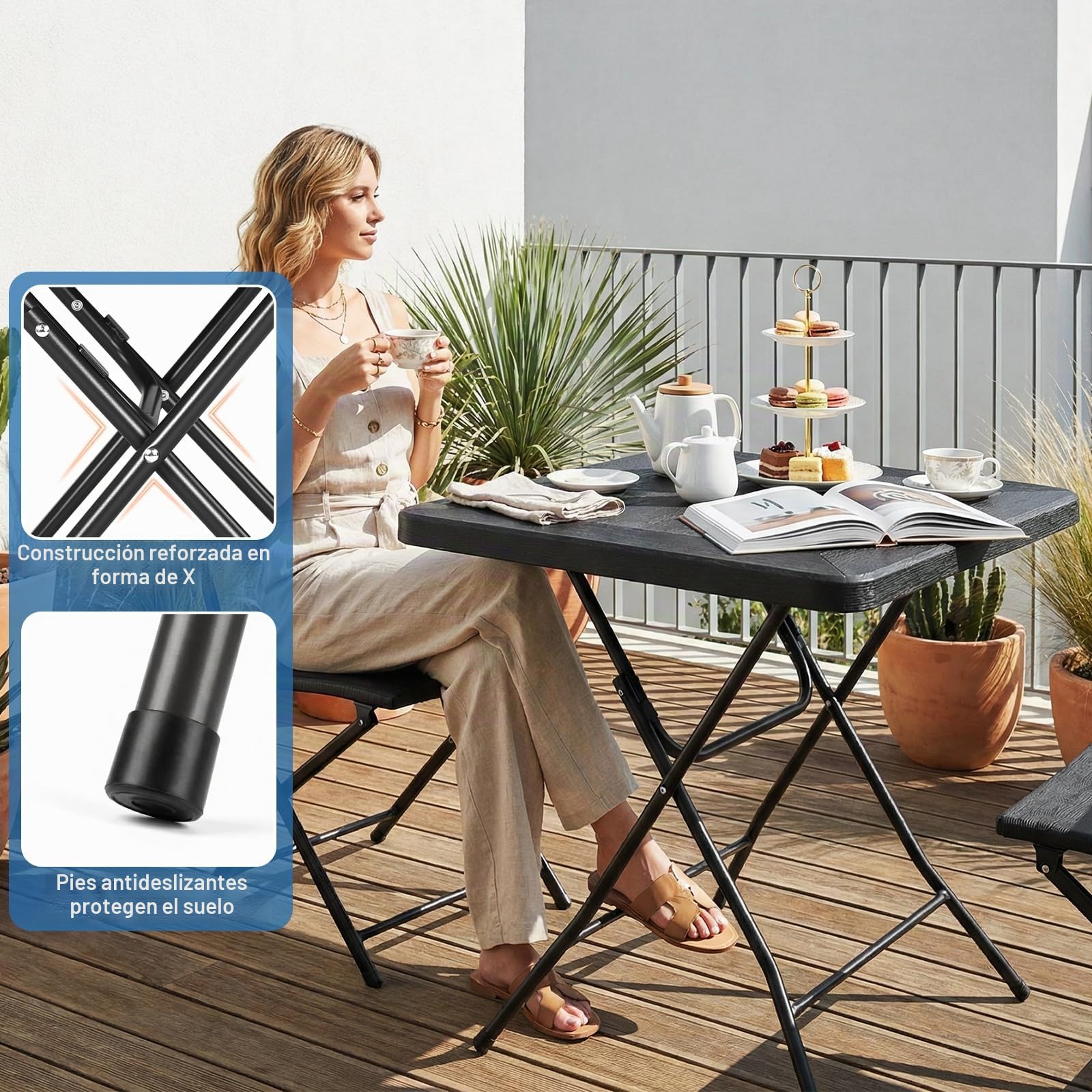 Mesa de Jardín 80 x 80 x 74 cm, Mesa Plegable Portátil, Estructura de Acero y Espesar HDPE, Resistente a la Intemperie, Mesa de Camping, Carga de 50kg, Mesa Exterior e Interior para jardín, Terraza