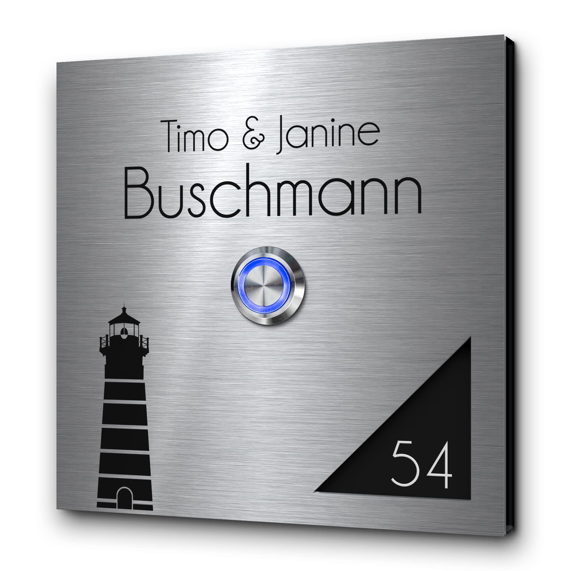 Designer Edelstahl Türklingel mit Gravur 12x12 cm freier Motivauswahl und LED Klingelknopf Klingelschild Edelstahl und Hochglanz Acrylglas Modell: Buschmann-A