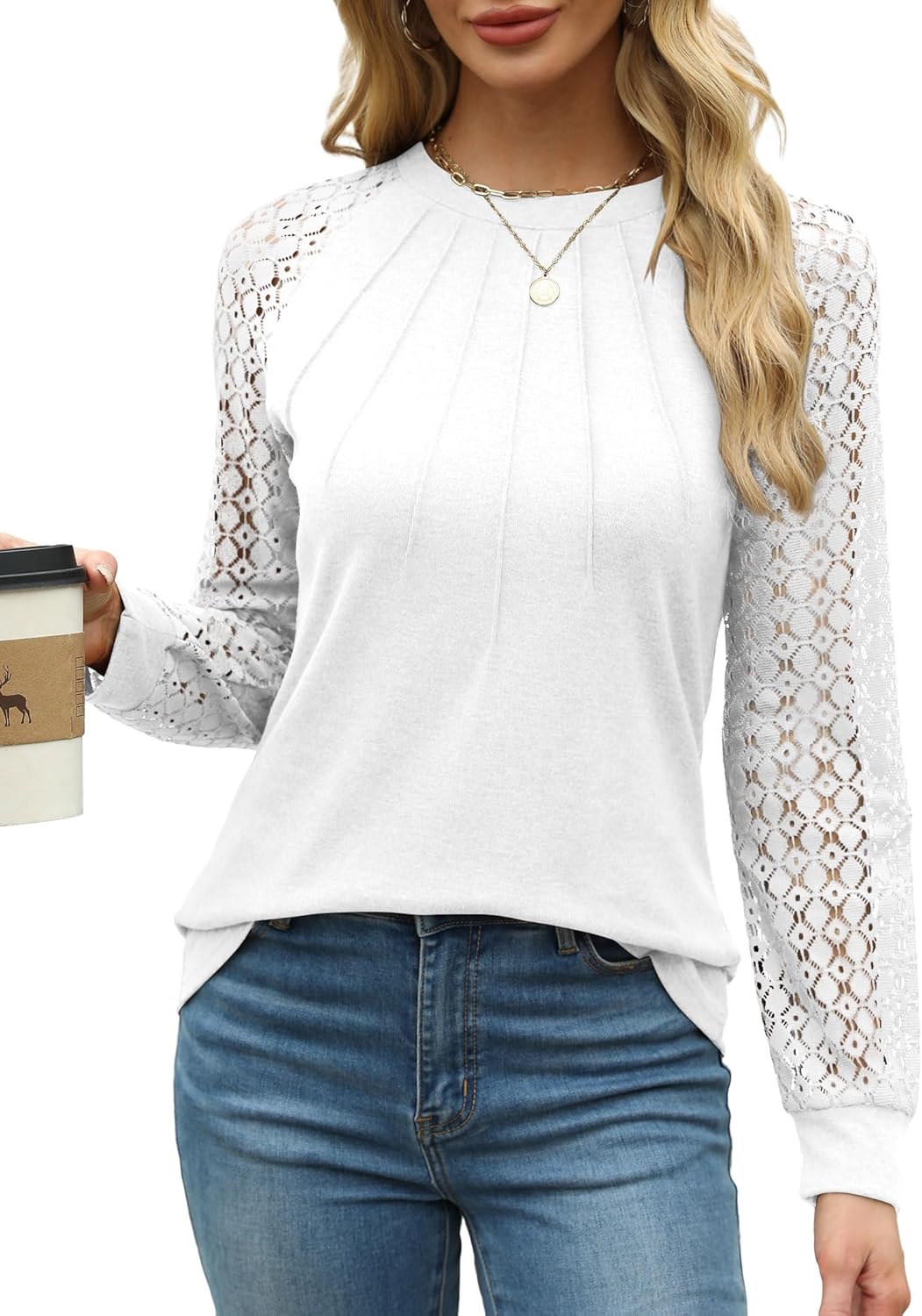 XIEERDUO Womens Long Sleeve Shirt Women Tops Lace Long Sleeve Crew Neck ...
