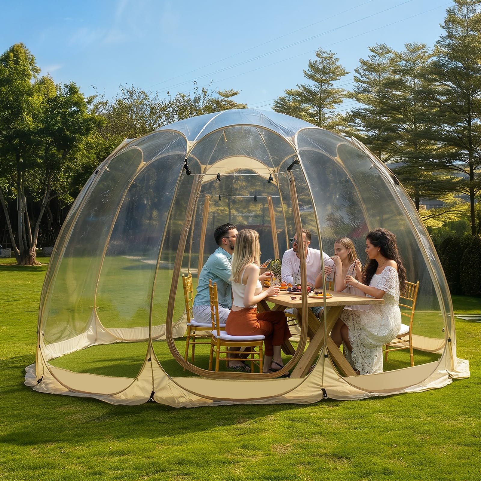 Pop Up Bubble Tent,15x15x8.3FT,8-14 Persons Garden Globe Tent,540 Degree Fully Transparent,Weatherproof and ColdProof Portable Camping Screen House