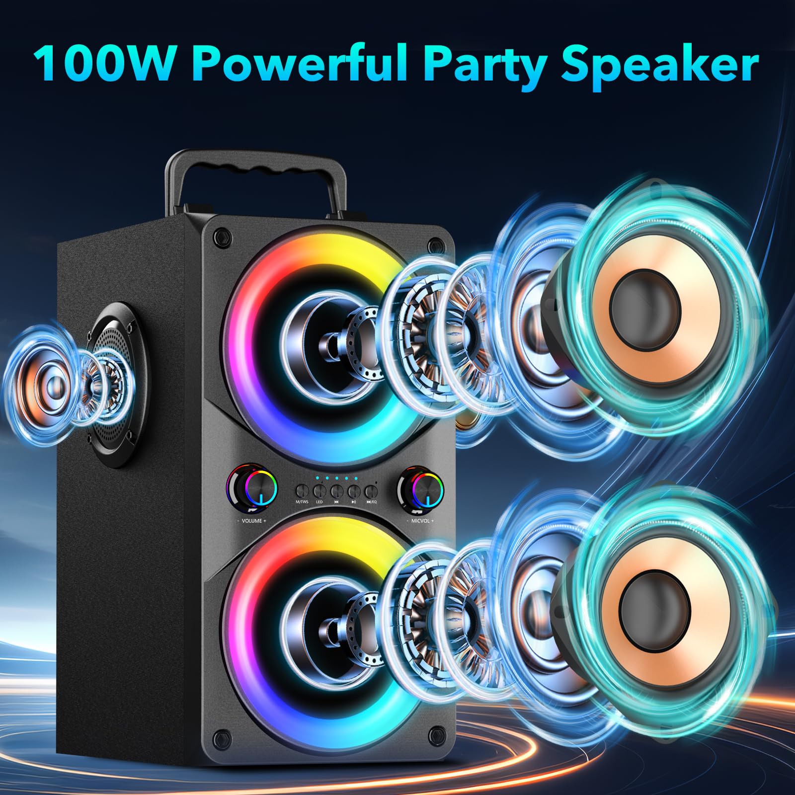 100W Tragbarer Bluetooth-Lautsprecher mit Subwoofer & LED-Licht - Leistungsstarke Boombox mit kraftvollem Bass, Holzgehäuse und TWS für Outdoor-Party