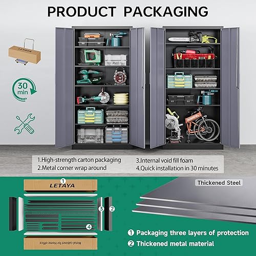 Miniatura 8 de Letaya Armario de almacenamiento de metal con puerta de cerradura y 5 estantes, gabinete de herramientas de garaje de acero de 6 niveles para