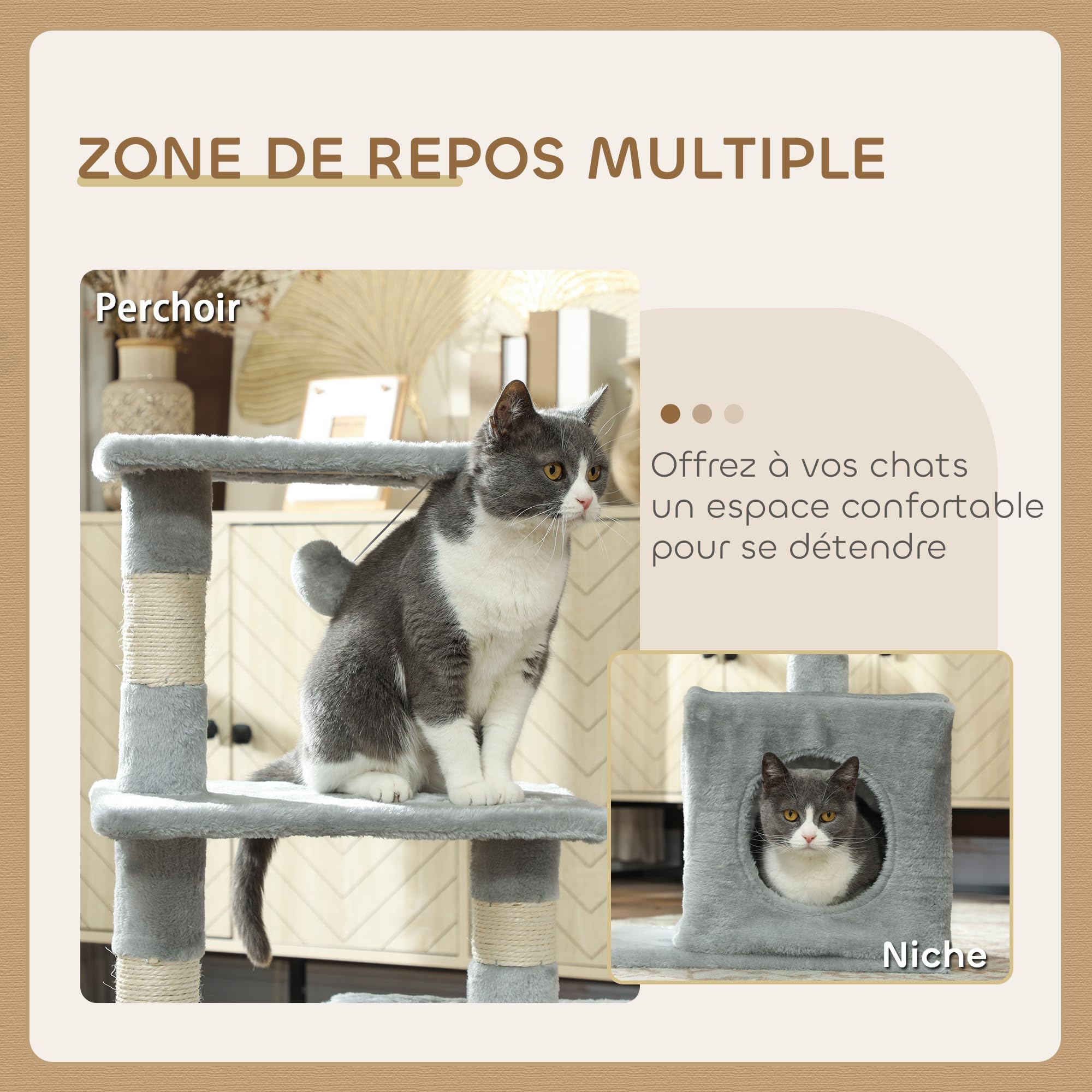 PawHut Arbre à Chat Hauteur 81,5 cm Tour de Jeux pour Chats avec poteaux en sisal, 2 Plates-Formes, Niche, Balle, Tissu Peluche, griffoir Multi-Niveaux idéal pour Chat 4,5 kg, Gris foncé