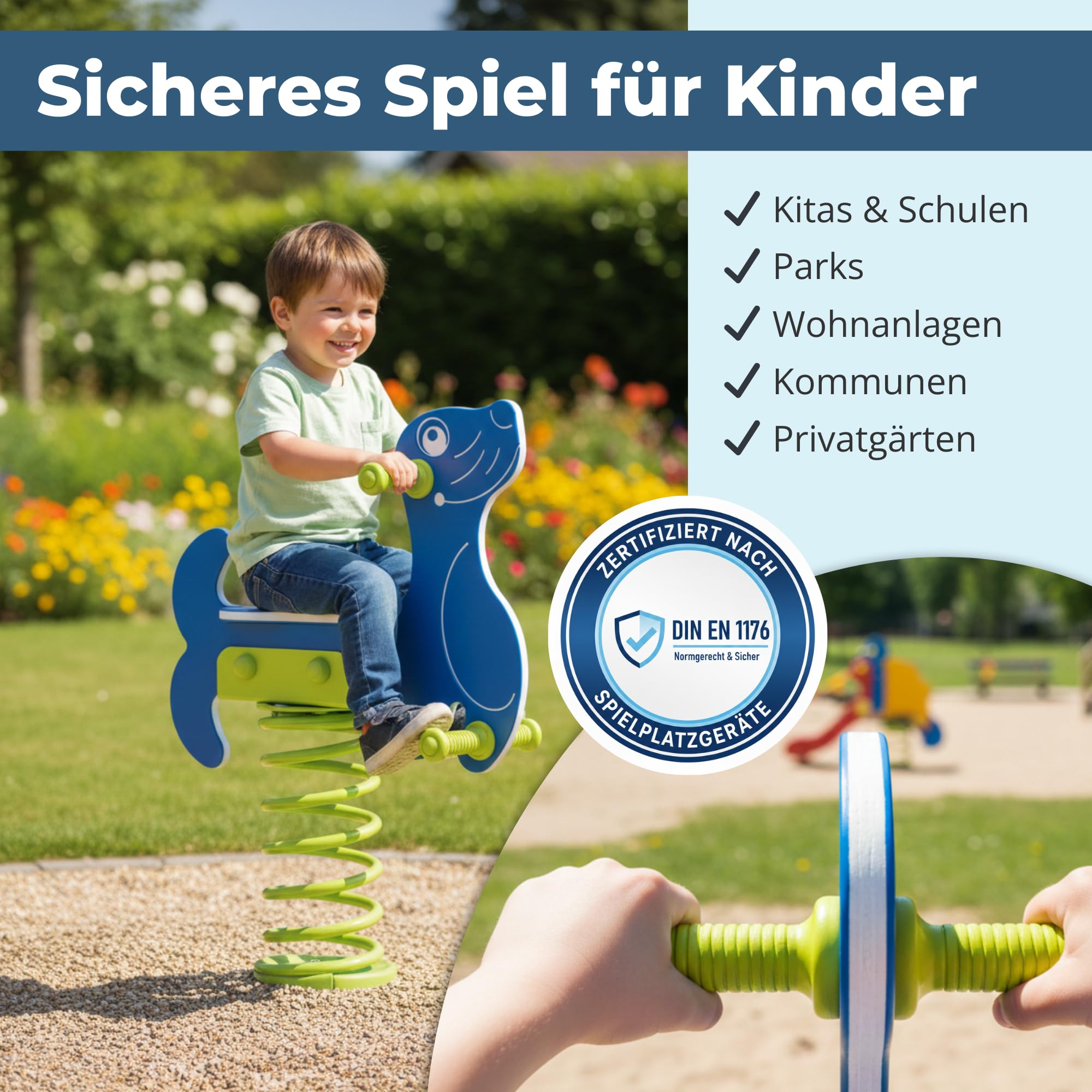 Federwippe Seehund Schaukelwippe DIN EN 1176 geprüftes | Wipptier für öffentliche Spielplätze, Kindergarten und Kommunen aus HDPE Kunststoff Federtier inkl Bodenanker