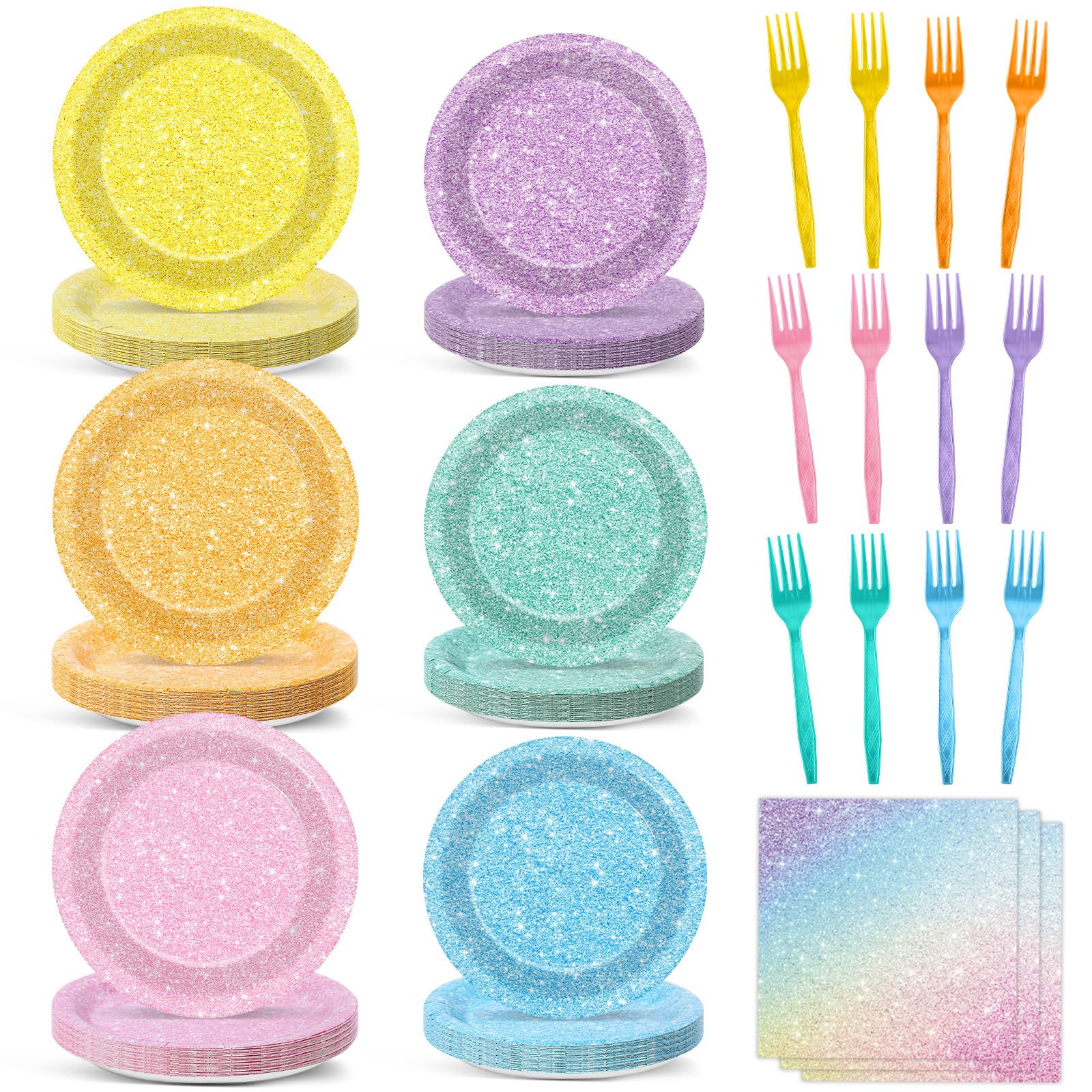 CHUNNIN 96Pcs Pastel Rainbow Party Plates and Napkins Forks for Colorful Rainbow Birthday Decorations Baby Shower Glittery Plates Set for 24 Guests