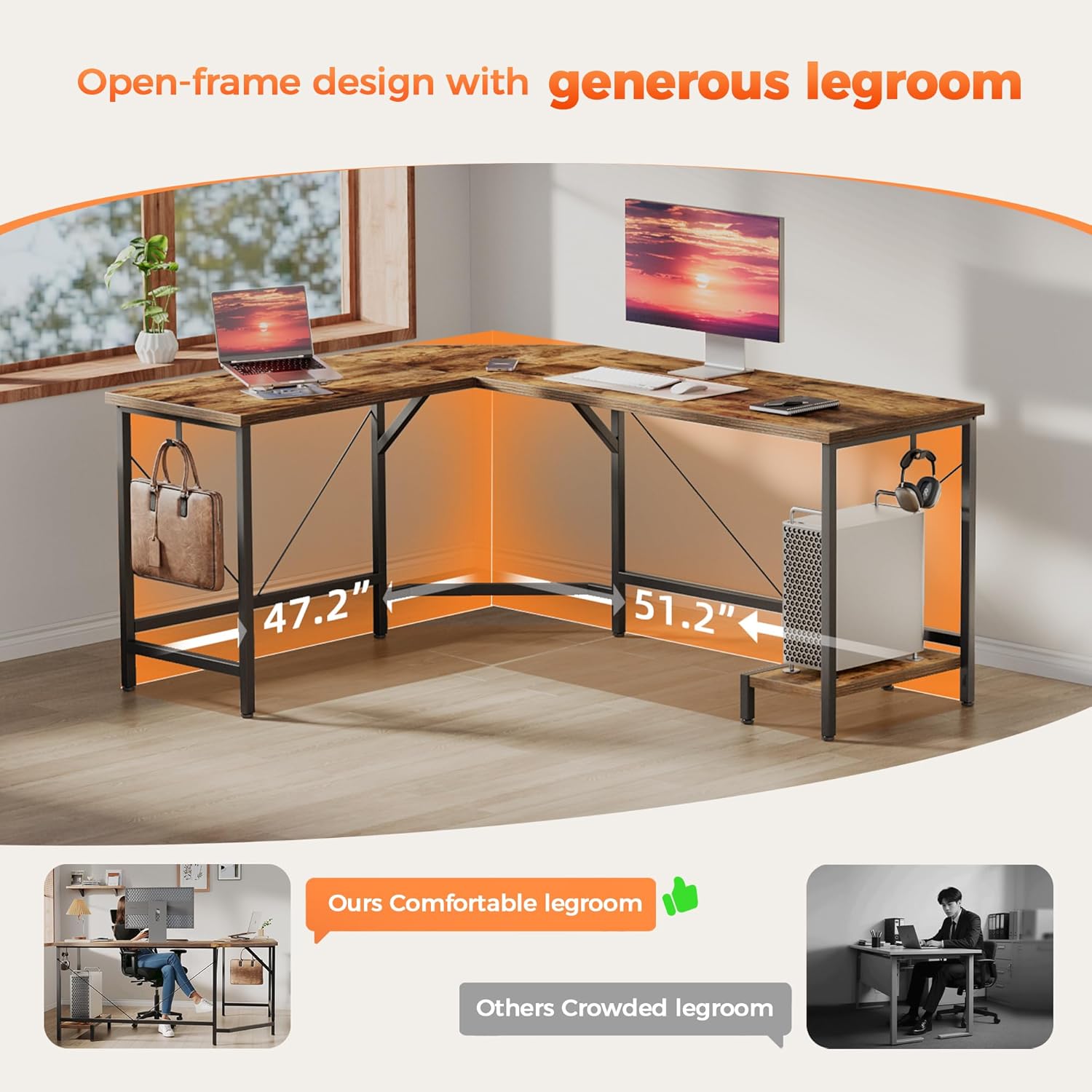 L Shaped Desk for Home Office, Corner Computer Desk Gaming Desk Wood l Desk with CPU Stand, Study Writing Table(CPU Stand, Dark Brown, 50 inch)