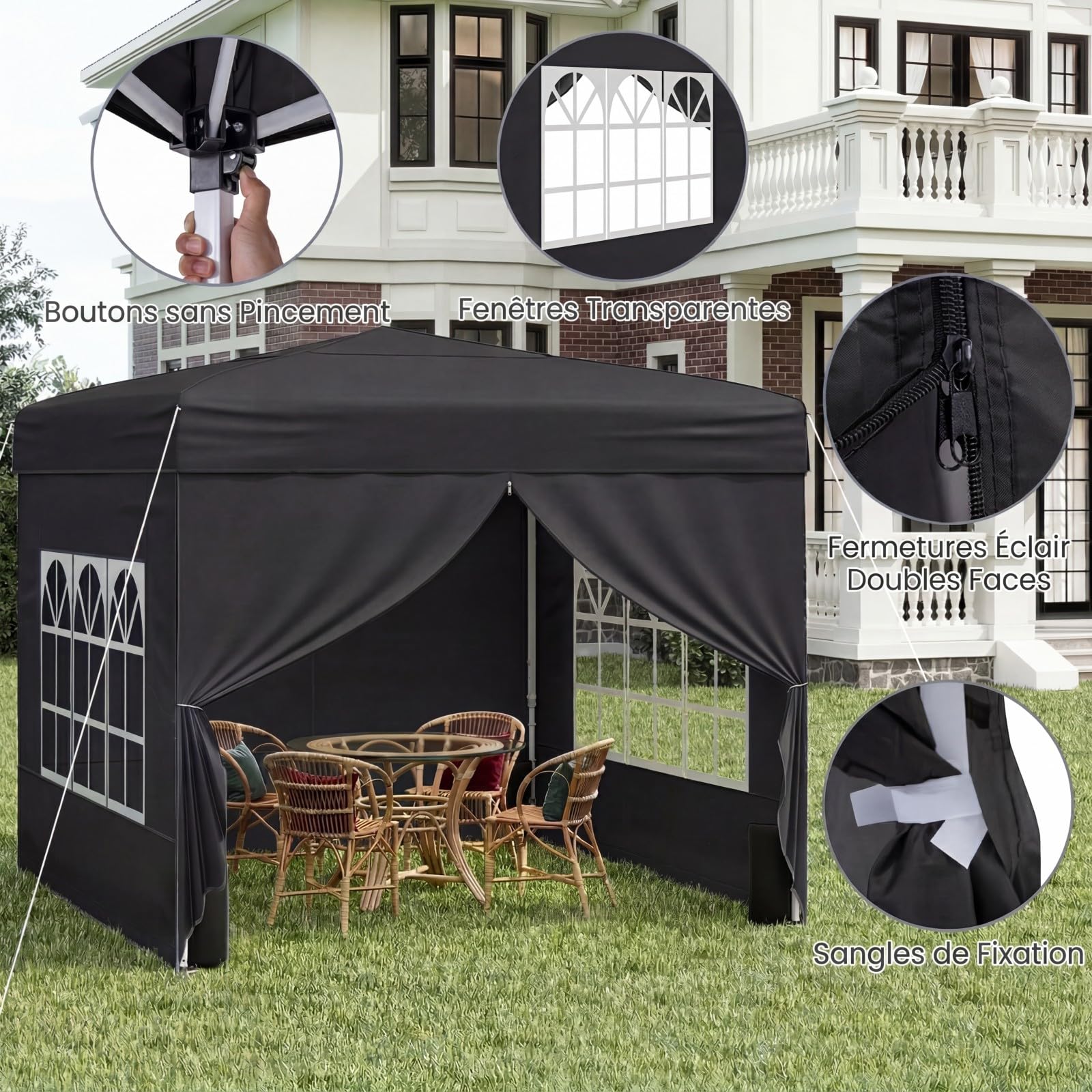 COSTWAY Tonnelle Pliante 3x3 Imperméable, Tonnelle de Jardin Exterieur avec 4 Parois Amovibles, Sac à roulettes&Fenêtres Transparentes, Barnum Réglable en Hauteur pour Camping, Fêtes, Stand (Noir)