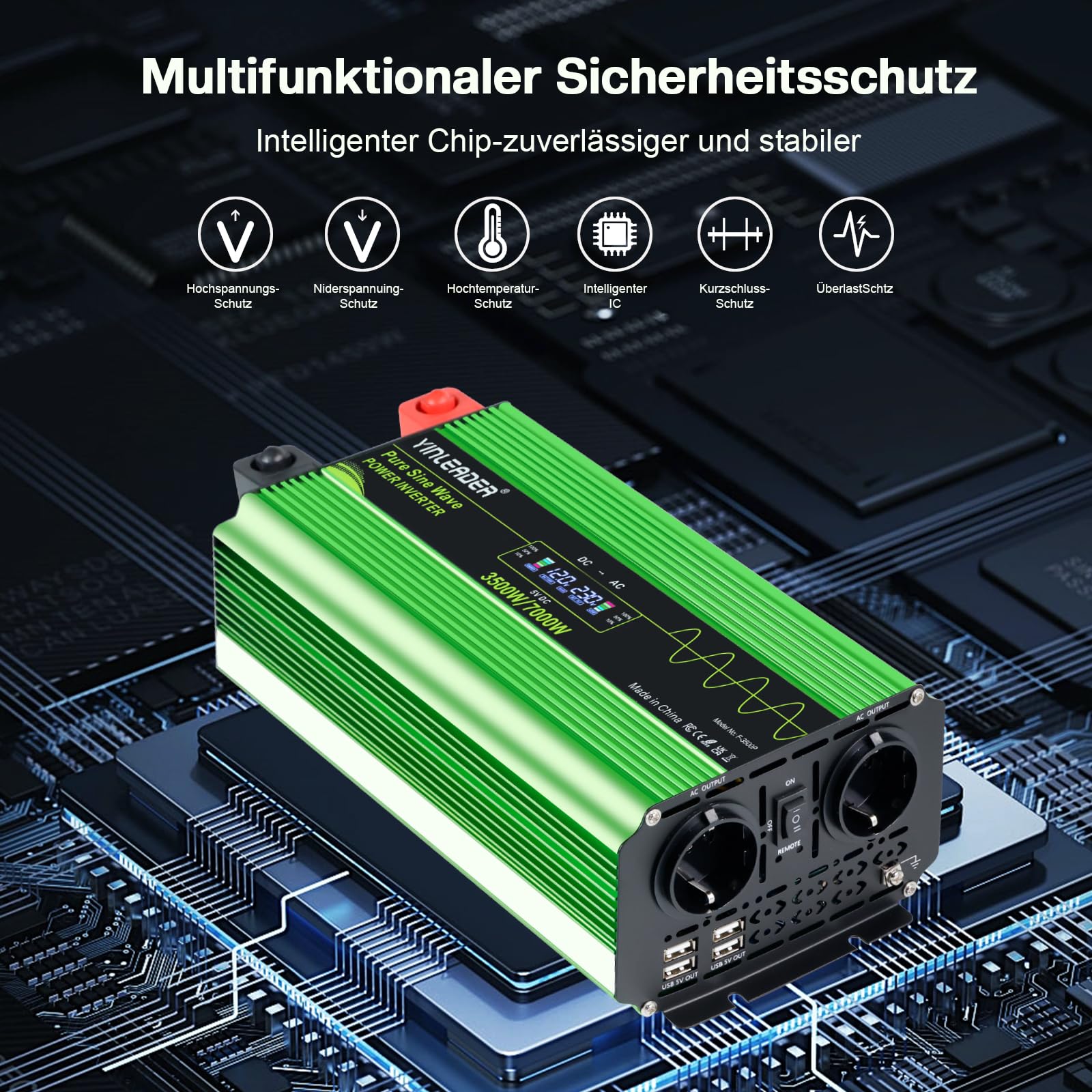 Yinleader 3500W /7000W Spannungswandler 12V auf 230V Reiner Sinus, Wechselrichter mit Fernbedienung, 2 EU-Steckdosen, 4 USB und LCD, Heavy Duty Inverter für Wohnmobil, LKW & Solar