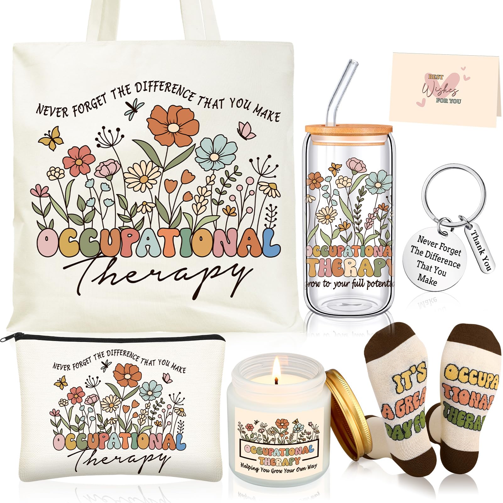 Funnymoom 6 Pcs Occupational Therapy Appreciation Gifts for Women Thank You OT with17 oz Glass Cup Canvas Tote Makeup Bag Valentine's Day Birthday Gifts Set for Occupational Therapist