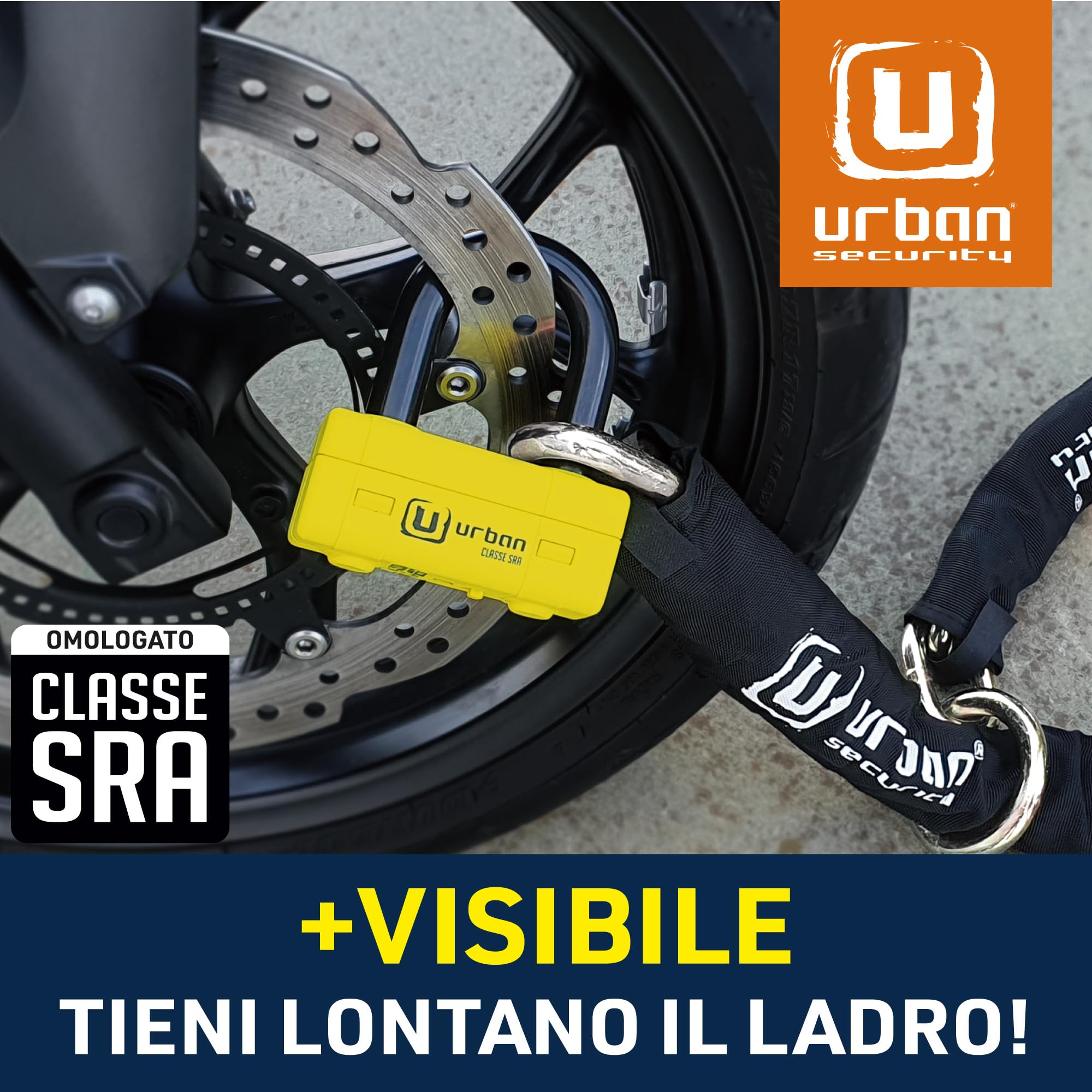 URBAN UR74120L Antifurto per Moto, Alta Sicurezza, Omologato SRA, mini U + Catena ø13,5, lazo 120 cm