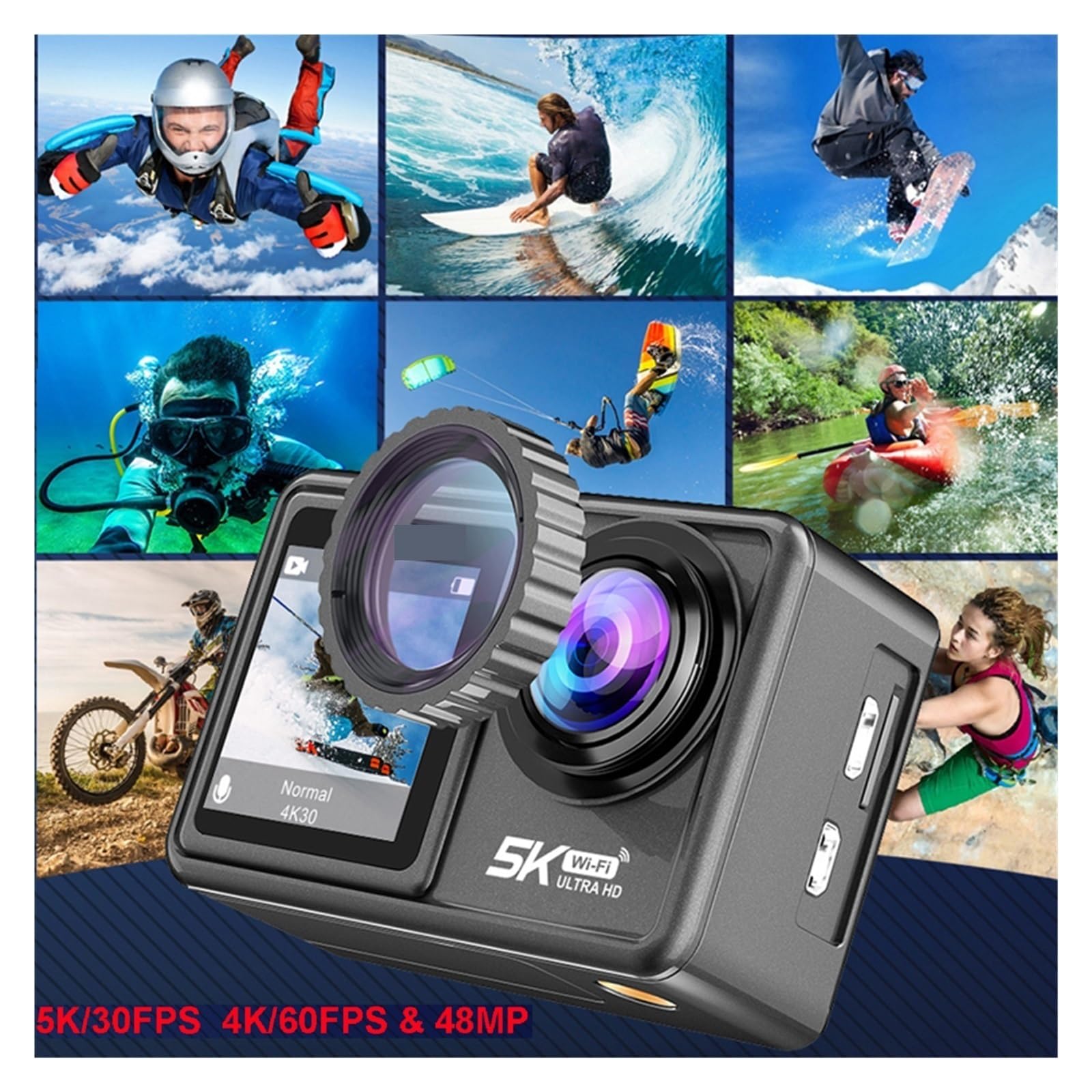 Macchina Fotografica d'azione Videocamera d'azione a Doppio Schermo Video EIS da 48 MP con Obiettivo Filtro Opzionale 1080P Webcam Vlog Sports Cam(Option3,5K Camera ADD 6 Lens)