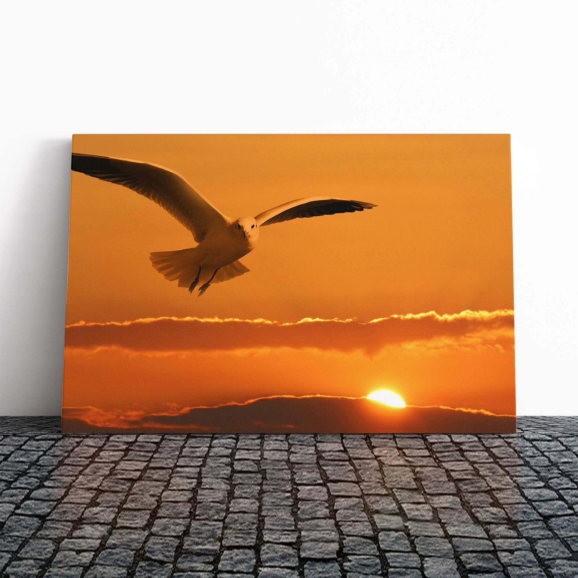 Seagul Bird Orange Sunset Canvas Print | Gallery Wrapped 30mm Frame Wall Art | 30x20 inches | Ready to Hang | Modern Animals Picture | Living Room Bedroom Lounge Office