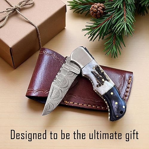 Miniatura 6 de WINTERFELL Cuchillo de bolsillo plegable de acero de Damasco para hombres con funda de cuero, regalos 100% hechos a mano para marido, papá, novio,