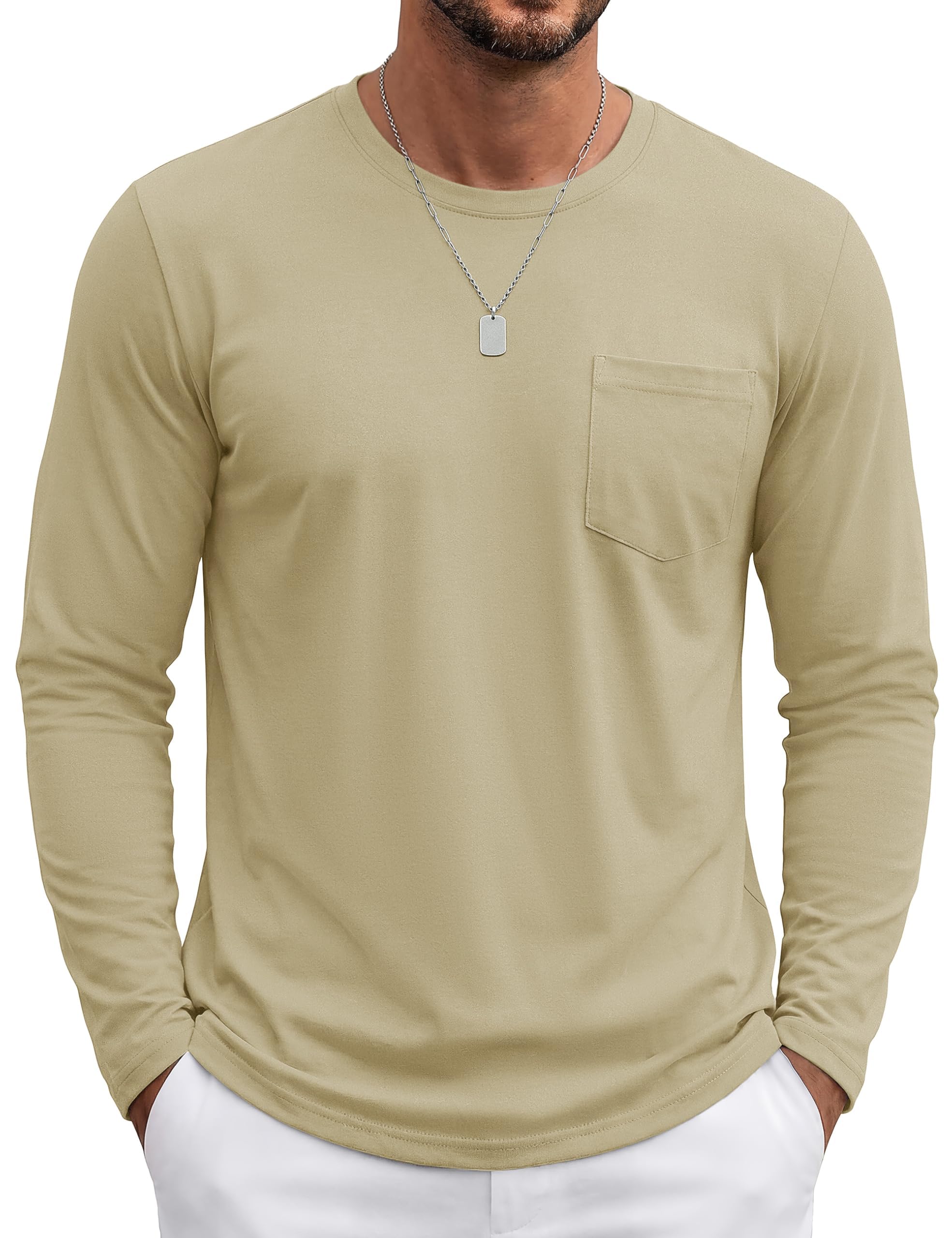 TACVASEN Herren Baumwolle Tshirt Rundhals Langarmshirt Einfarbige Work Sweatshirt Atmungsaktiv T Shirts Mit Brusttasche