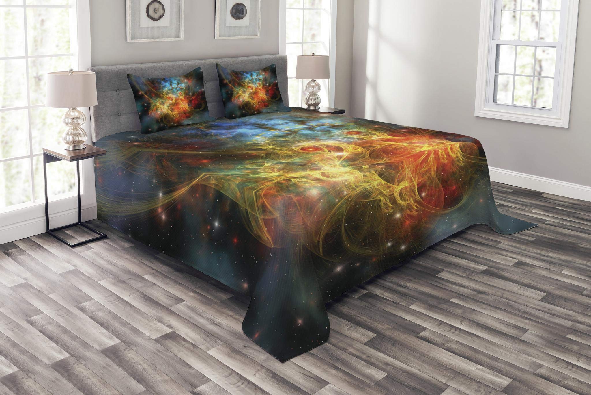 Ambesonne Outer Space Bedspread, Cartoon Nebula Gas Expanse Outer Space Universe Matters in Astral Zone, Decorative Quilted 3 Piece Coverlet Set with 2 Pillow Shams, Queen Size, Orange Teal