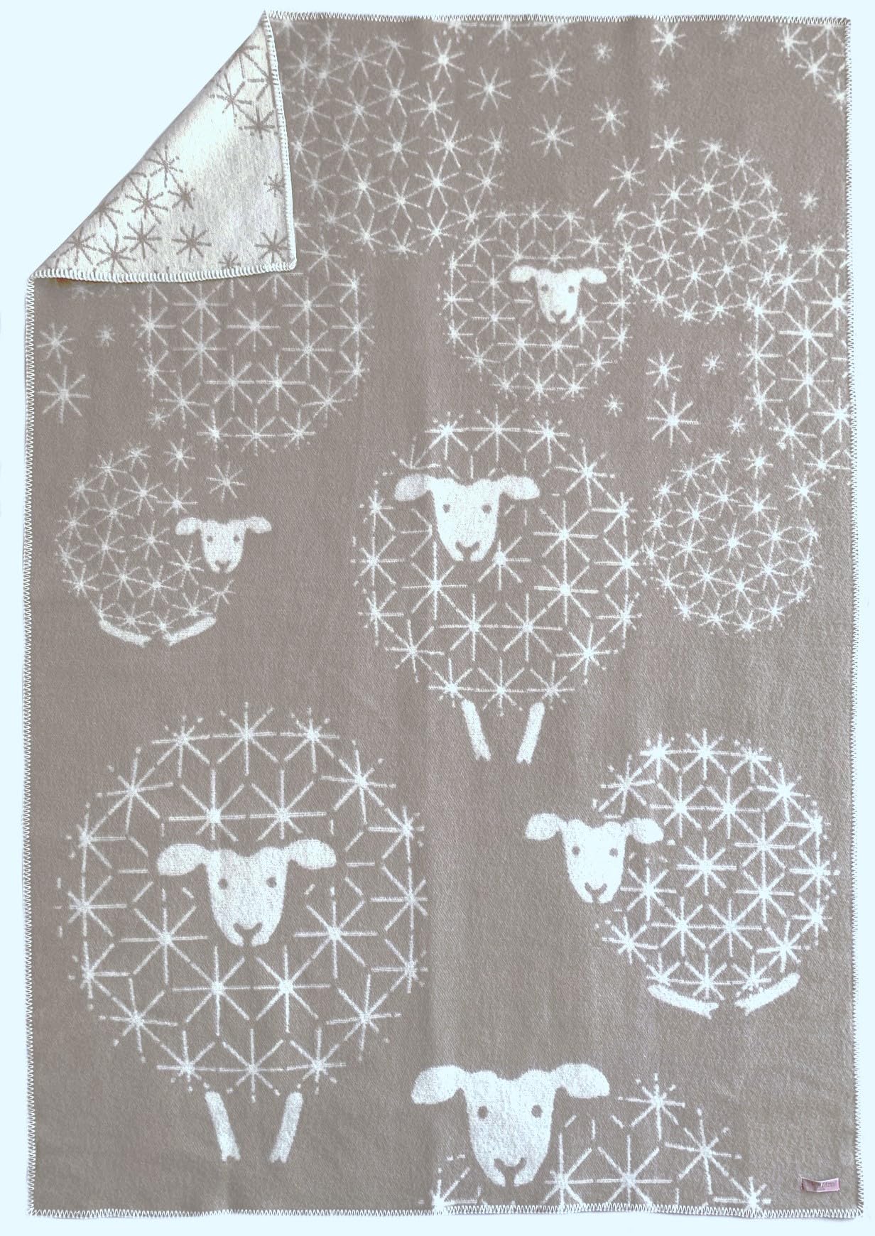 JOWOLLINA Wendedecke Wolldecke Plaid Kuscheldecke aus Öko-Wolle mit lustigem Tiermotiv (Schäfchen Pusteblume Clay)