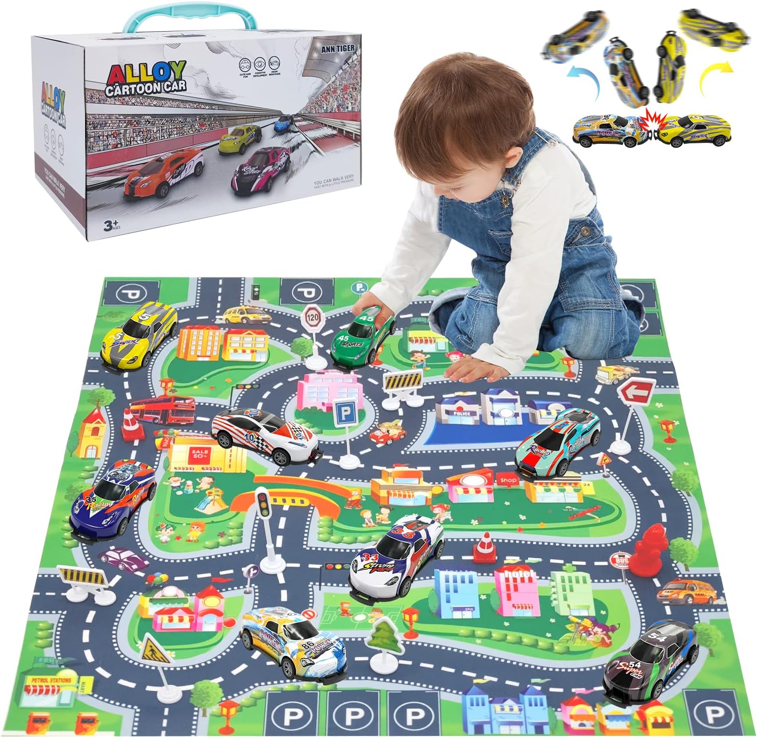 Jumping Stunt Car, Flips Pull Back Car Die Cast Car Sets for Boys 3+ with Play Mat Traffic Icon Kids Metal Friction Power Racing 8 Pcs, Model Car Barricade Alloy Mini Bounce Car, Boys Birthday Gift