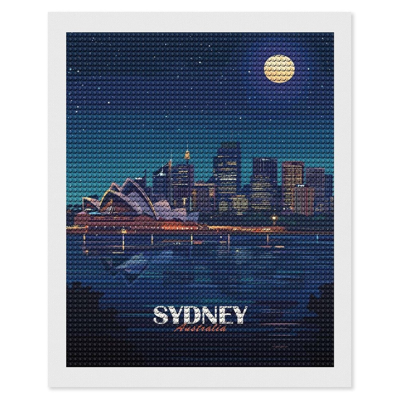 Junmoney Sydney Australia Night Skyline Illustration Diamond Painting Set 16"x20", for Beginners, Modern Decor, Simple to Start, Gift Idea, Pleasing Wall Art Project