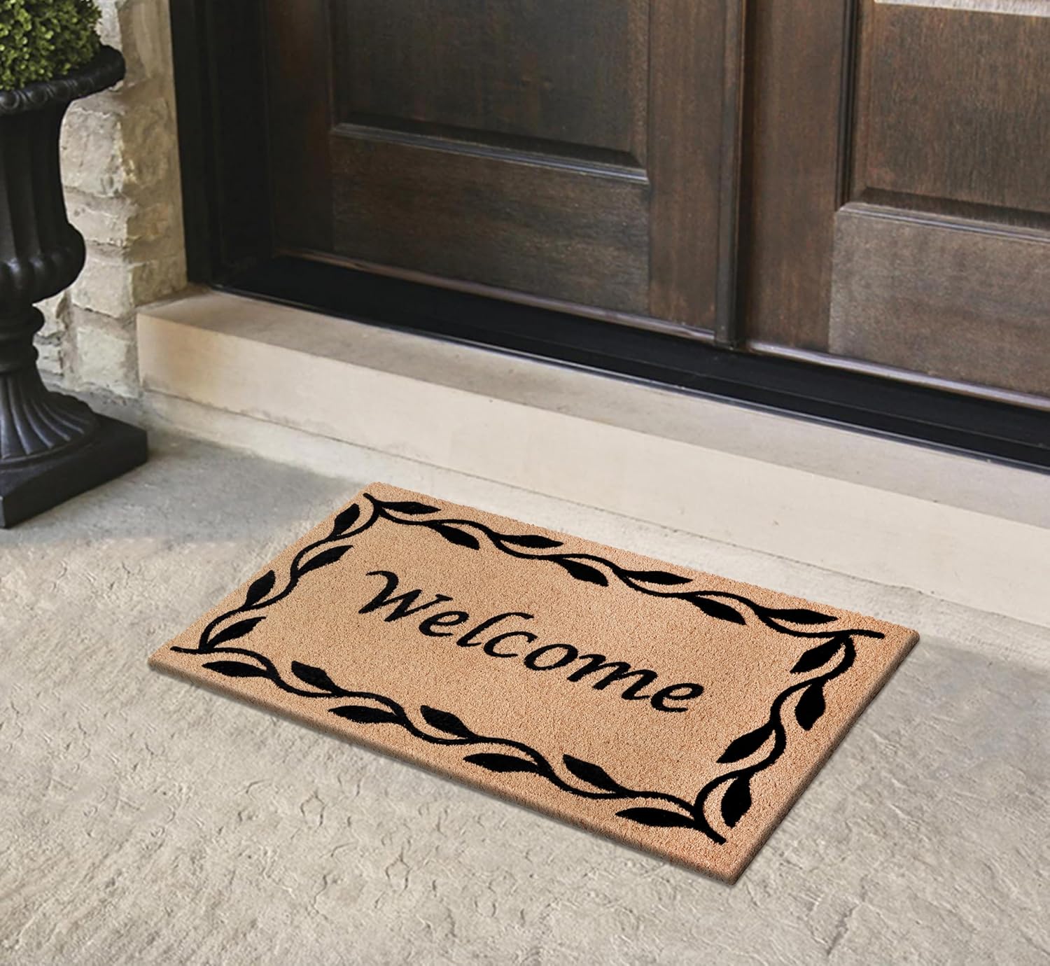A1HC Natural Coir Flocked Doormat with Heavy Duty Non-Slip PVC Backing Easy to Clean, Fade Resistant, Low-Profile Durable Doormat (Black Welcome, 24x36)