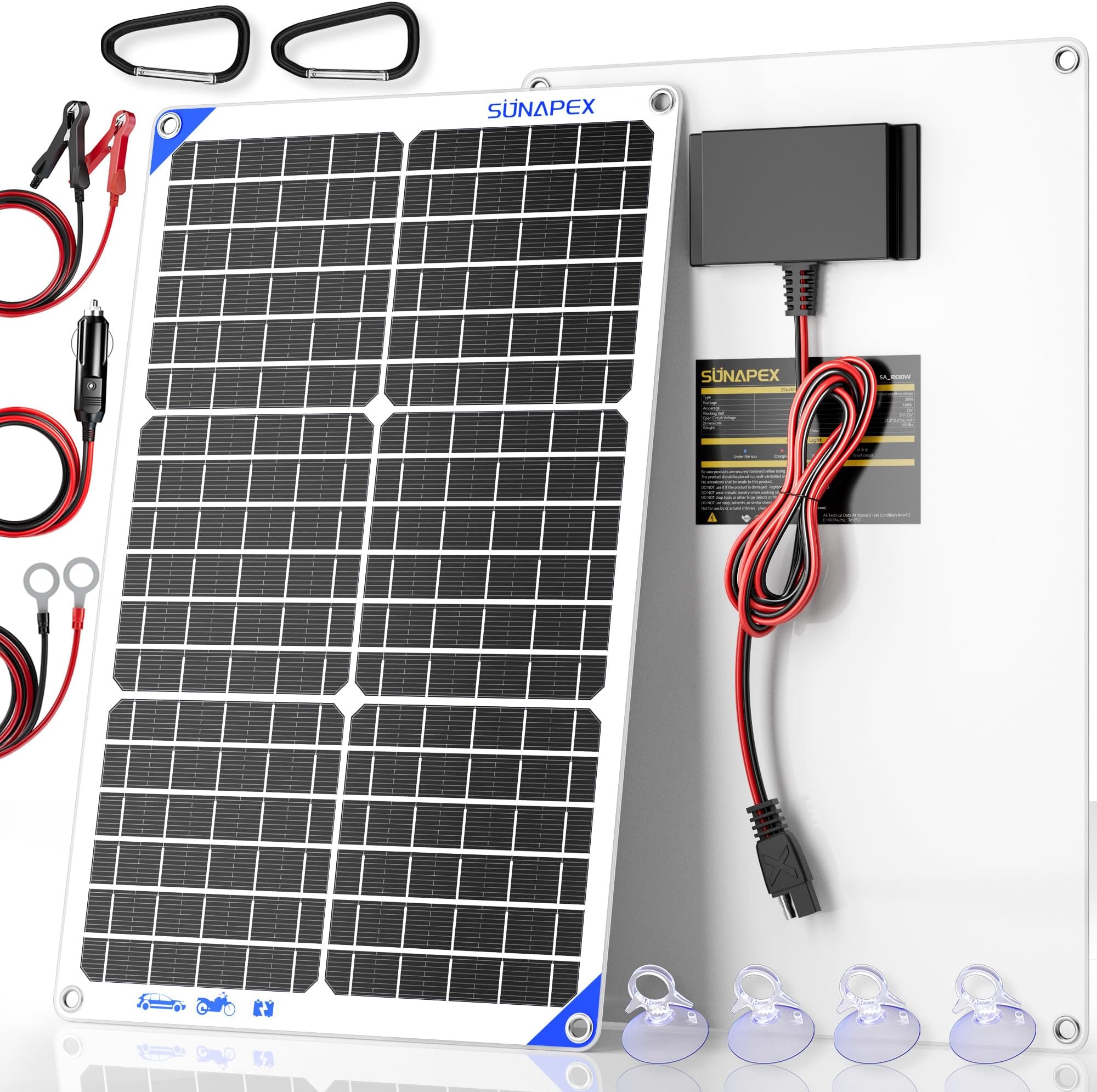 SUNAPEX 12V 30 Watt Solar Trickle Charger Maintainer - Waterproof Solar Powered Battery Charger - Solar Panel Kit Built-in Smart Charge Controller for Car Rv Trailer Truck Boat Automotive Marine