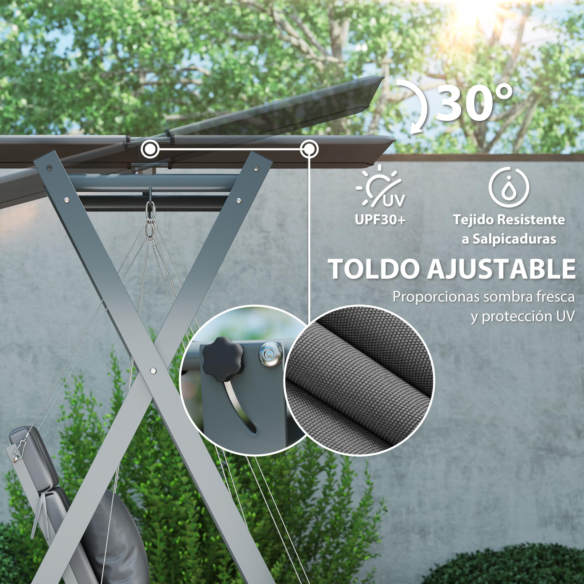 Outsunny Columpio de Jardín Exterior de 2 Plazas Balancín de Jardín Exterior con Protección UV30+ Toldo Ajustable y Cojines Convertible en Cama Carga 220 kg 142x130x168 cm Gris Oscuro