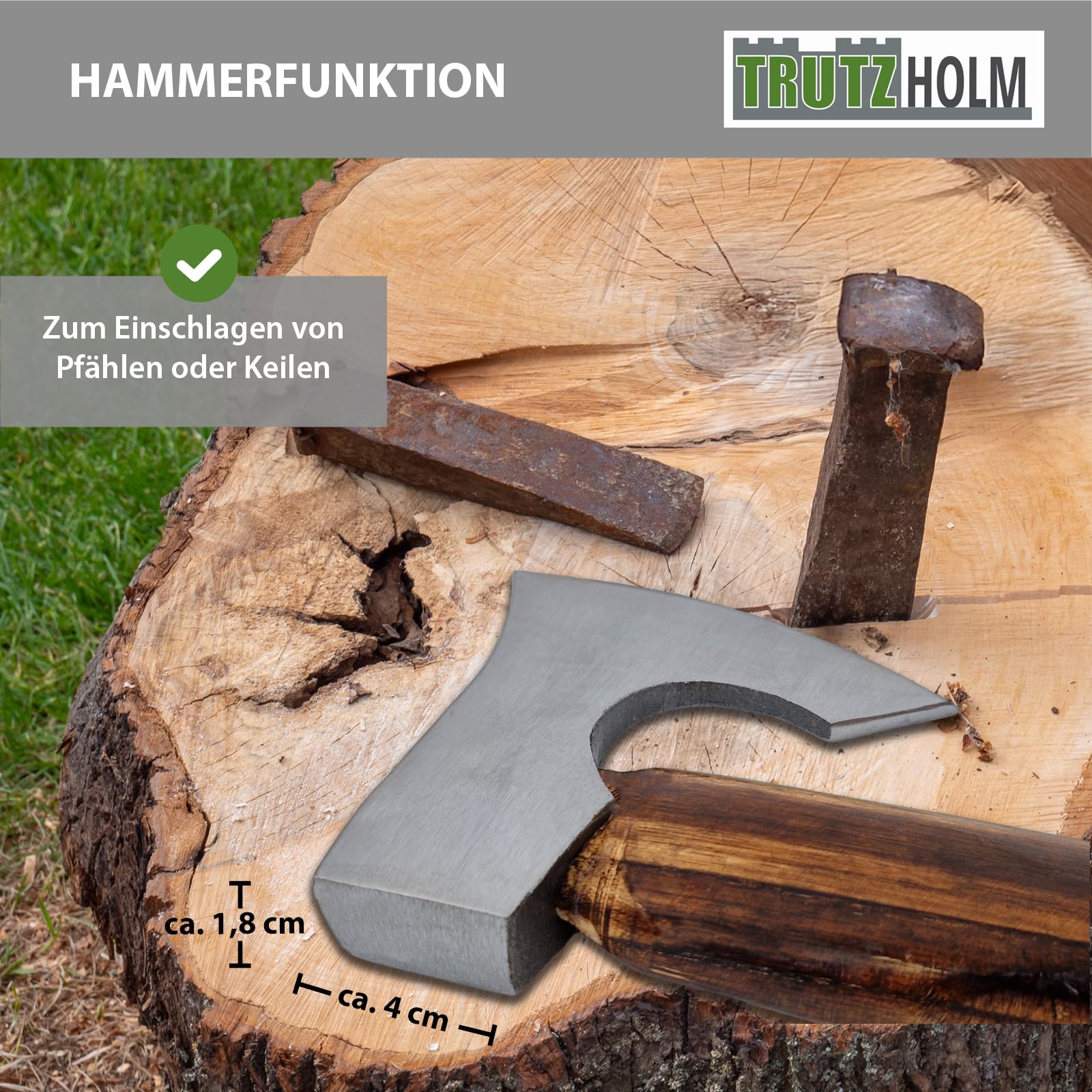 TRUTZHOLM Axt/Beil Vintage aus C45 Stahl Griff aus Hickoryholz geflammt Freizeitbeil zum Spalten von Holz, Entasten von Bäumen mit Klingenschutz aus Leder (Beil 320 mm)