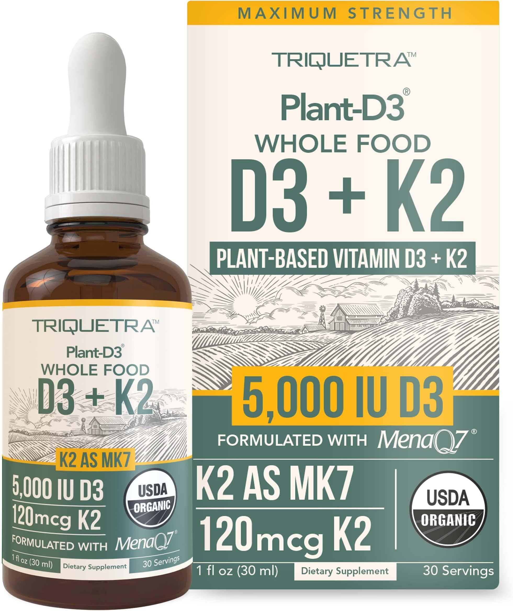 Organic Plant D3 + K2 (5000 iu D3) - All-Trans MK7 from MenaQ7 (120 mcg K2) - 100% Organic & Plant-Based Sublingual D3 Drops (Cholecalciferol), 100% Vegan - Supports Immunity, Bone(1oz)