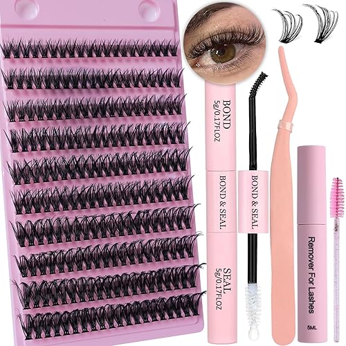 Lash Extension Kit 200PCS 40D DIY Lash Clusters with Waterproof Lash Bond and Seal and Lash Tweezers 9-18MM D Curl Eyelash Extensions Kit Soft Fake