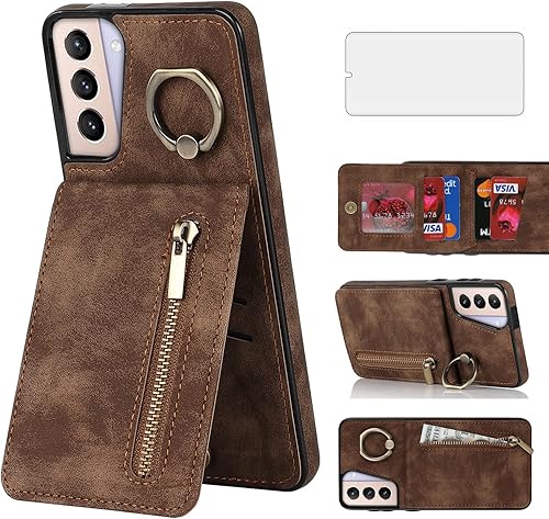 Asuwish Funda de teléfono para Samsung Galaxy S21 5G de 6.2 pulgadas con protector de pantalla de vidrio templado y cremallera RFID tarjetero