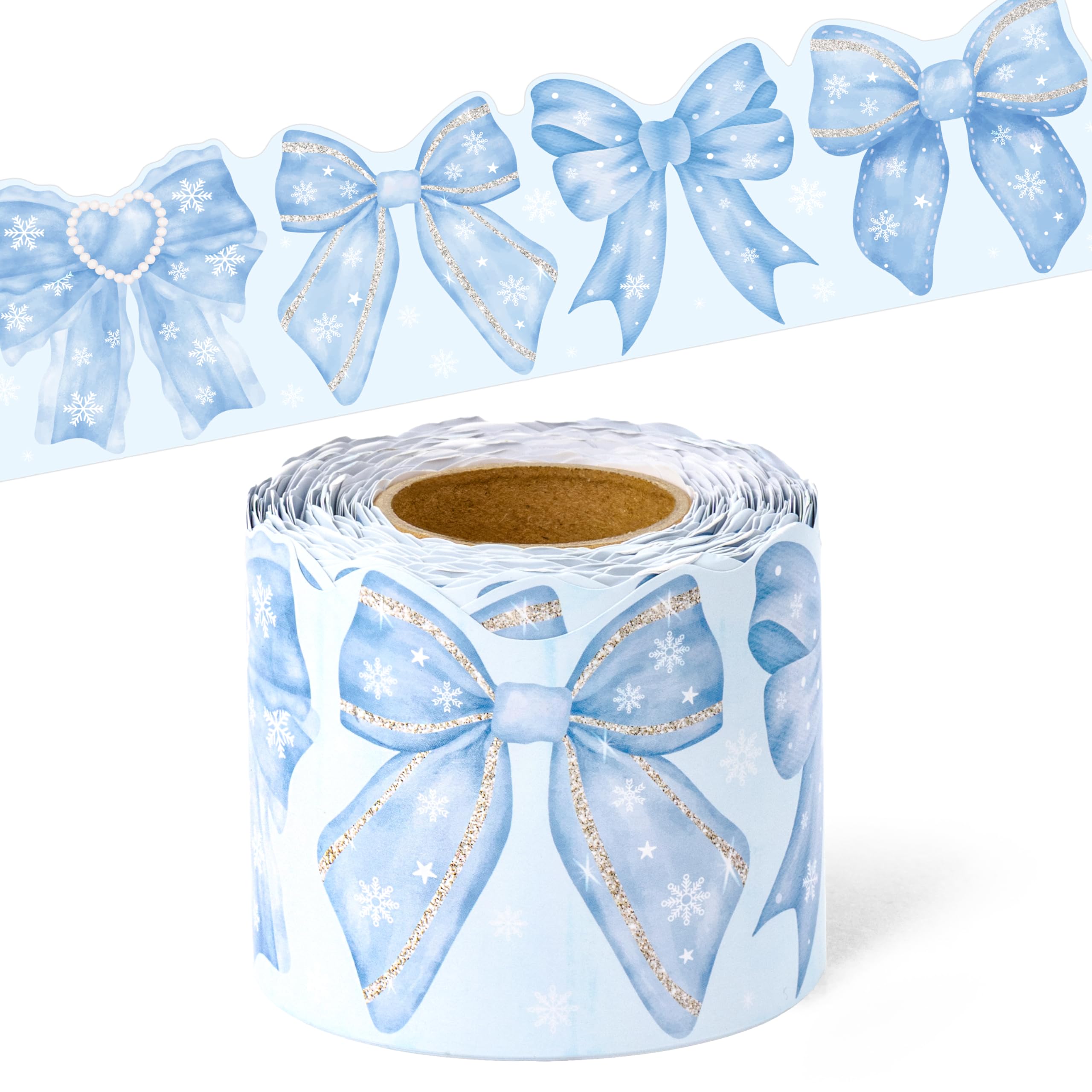 BeYumi Blue Bows Border Trim - 65ft Back to School Watercolor Blue Bow Coquette Rolled Border Trim Pastel Watercolor Bulletin Board Classroom Office Chalkboard Kindergarten Elementary Home Party Decor