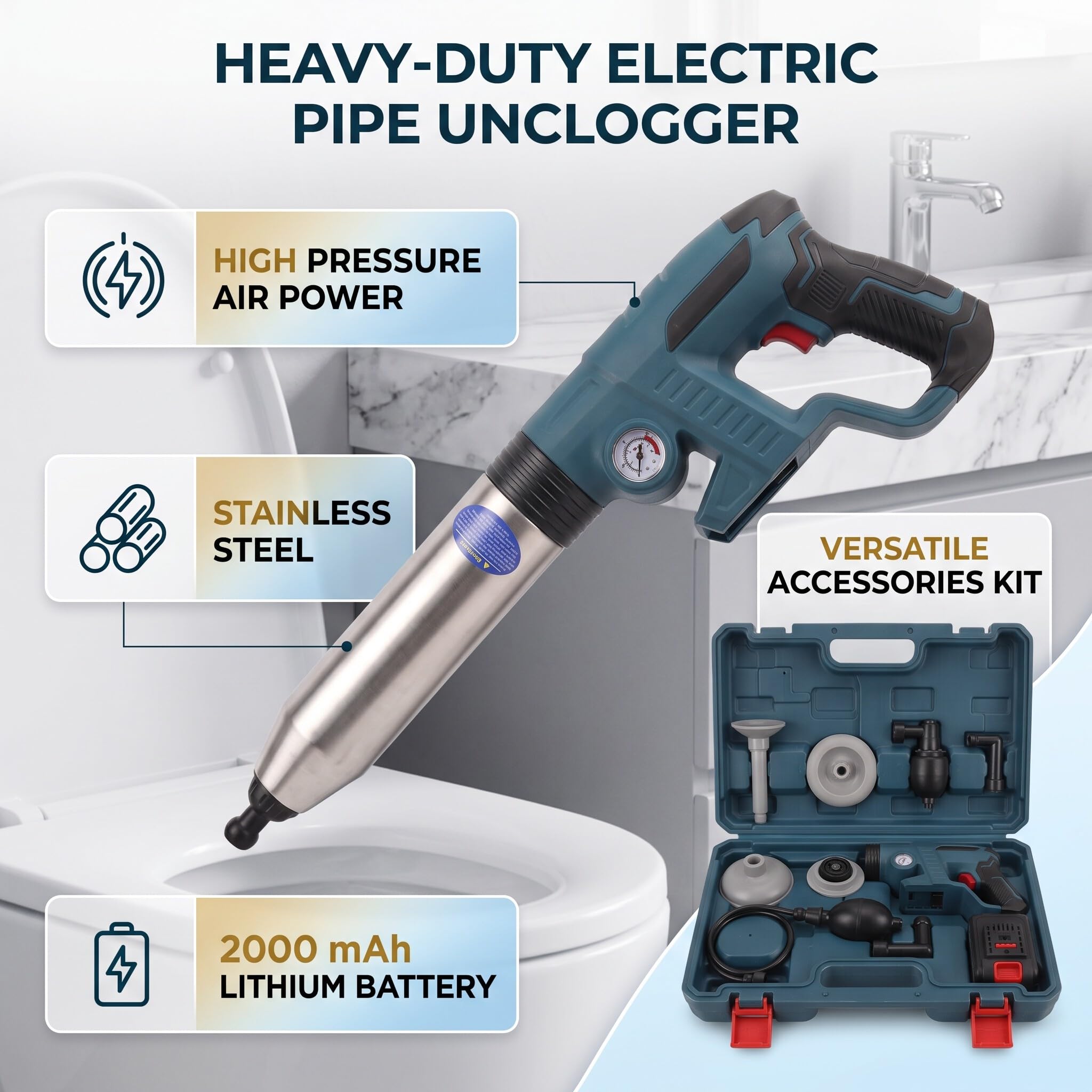Desatascador de Inodoro Eléctrico, Alta Presión, con Batería de Litio, para Inodoro, Lavabo y Bañera