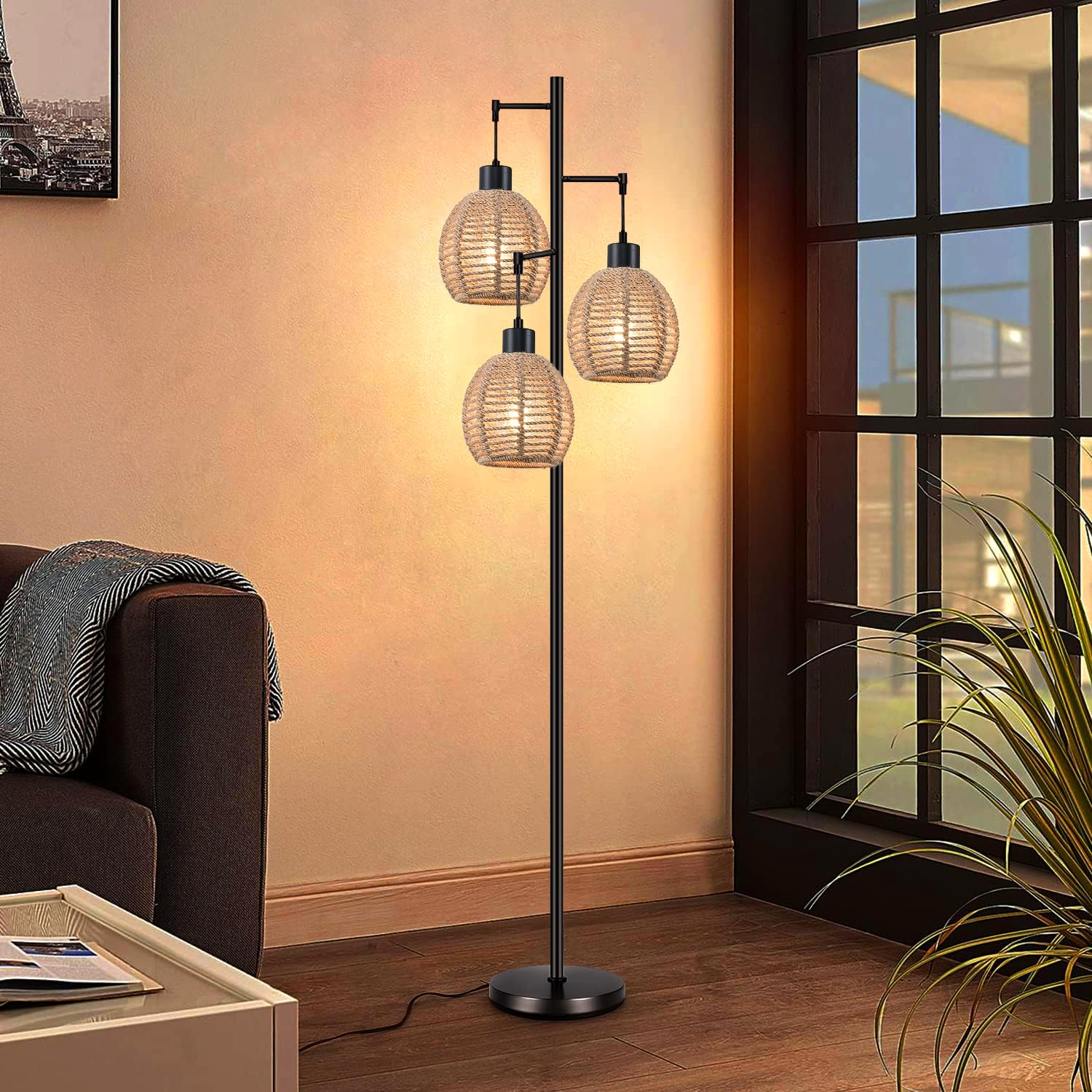 QIYIZM Rattan Floor Lamp for Living Room,Bedroom,Tree 3 Lights Boho Floor Lights Industrial Black Farmhouse Wicker Standing Lamp Rustic Tall Lamp,Woven Bamboo Lamp Shade Floor Lamps Bohemian