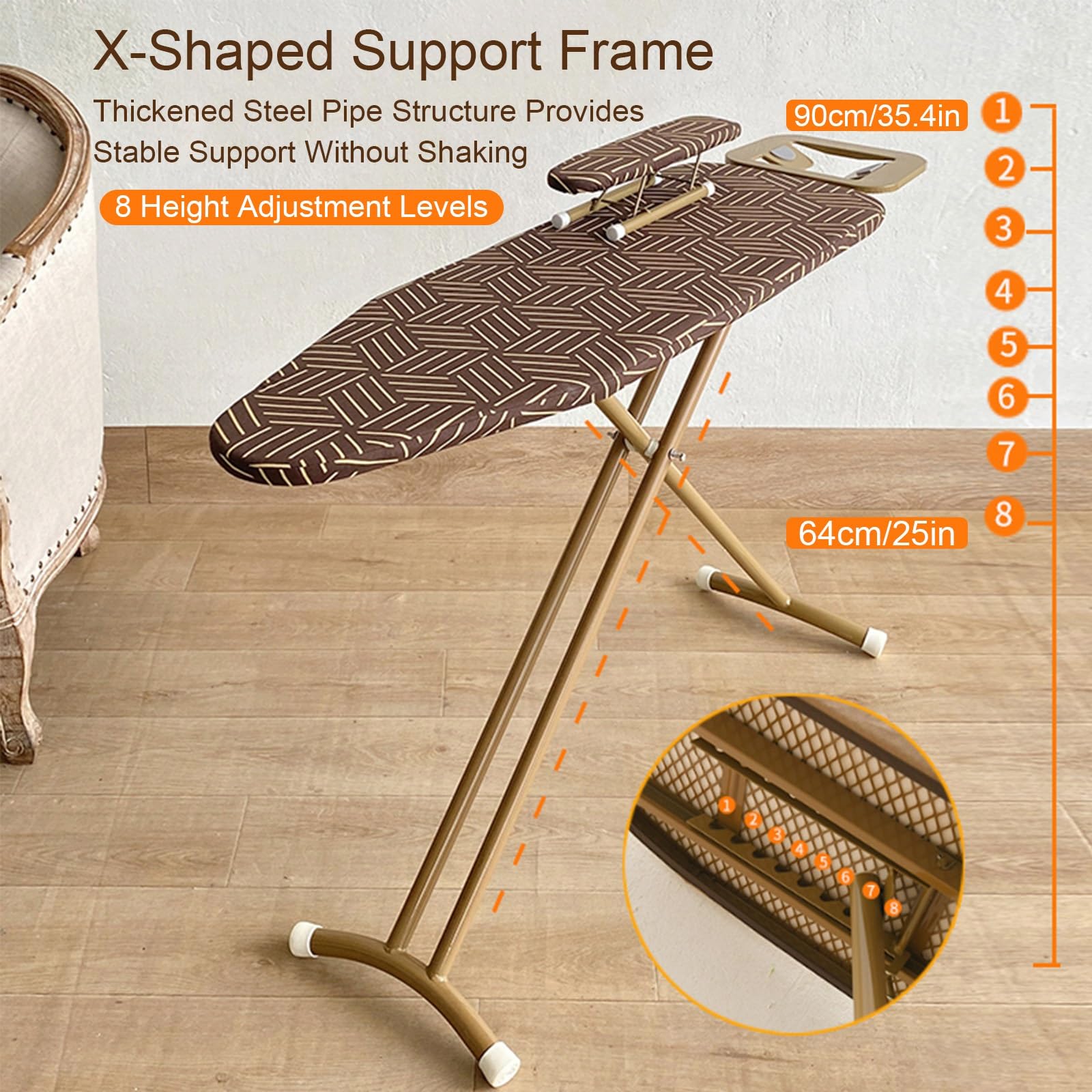 Tabla de Planchar Plegable de 8 Alturas Ajustables, Mesa de Planchar Grande de Pie con Soporte para Plancha y Soporte para Mangas, Compacta y Ahorra Espacio