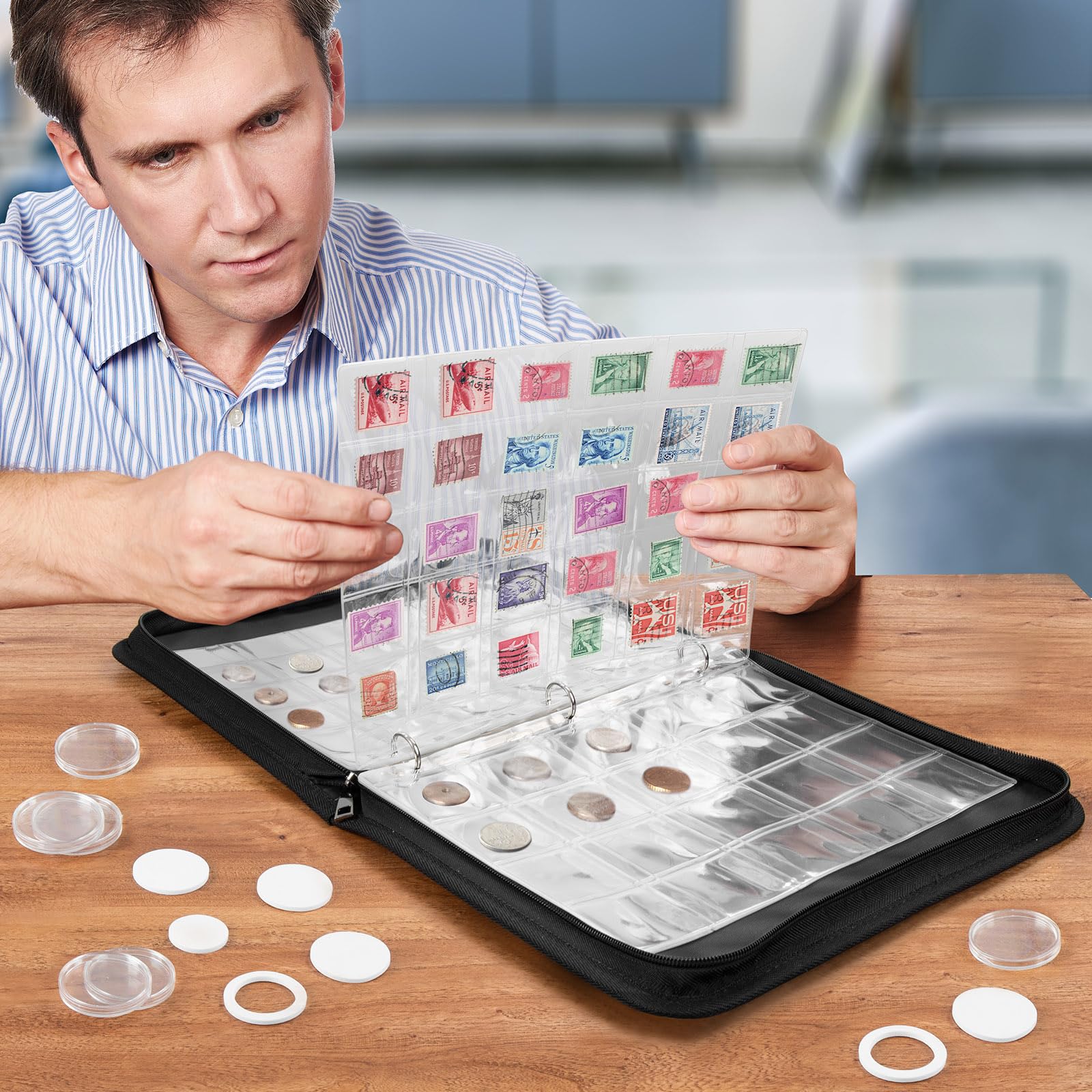 Coin Collection Book Holder for Collectors, 250 Fireproof Coin Album & 30 Penny Sleeves, Money Saving Binder for Coin, Bill, Currency and Stamp, Coin Capsules*10