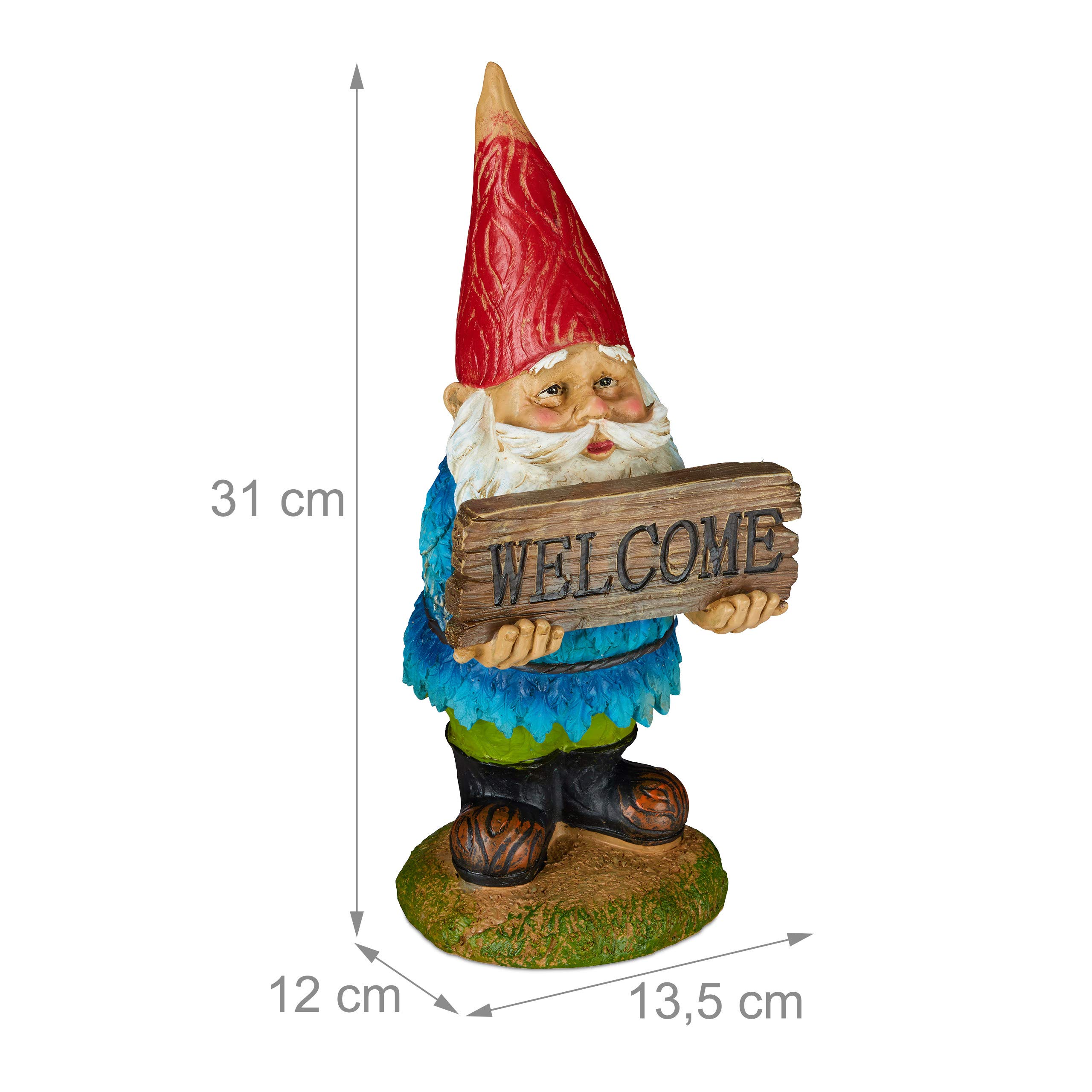 Relaxdays Krasnal ogrodowy "Welcome", odporny na warunki atmosferyczne, sztuczny kamień, ogród, drzwi wejściowe i grządki, klasyczne wzornictwo, figurka ogrodowa, kolorowy