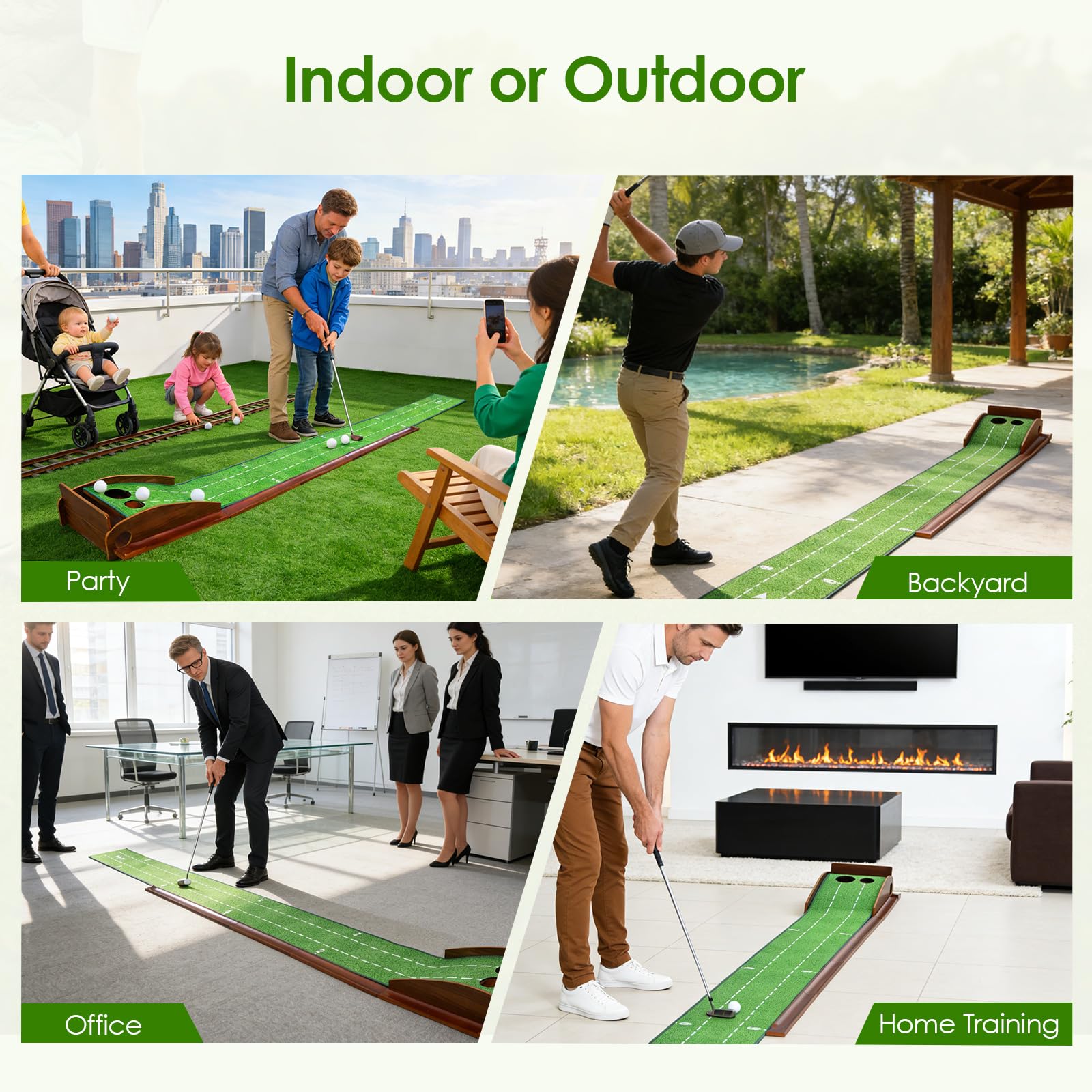 Esterilla de golf con rebobinado automático de bolas y riel de madera, Putting Green Indoor con espejo de putt & 2 agujeros, mini golf para el hogar, alfombra de golf plegable para oficina/jardín
