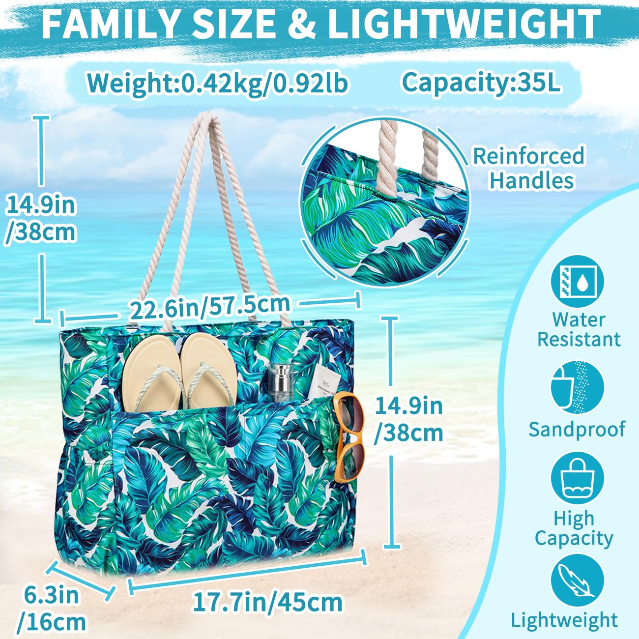 RAVUO Sac De Plage,Oversize Sac Cabas Femme Avec Fermeture Éclair Résistant À L'eau Sac Fourre Tout Léger Famille Sac De Piscine Pour La Plage,Piscine,Gymnase,Voyage