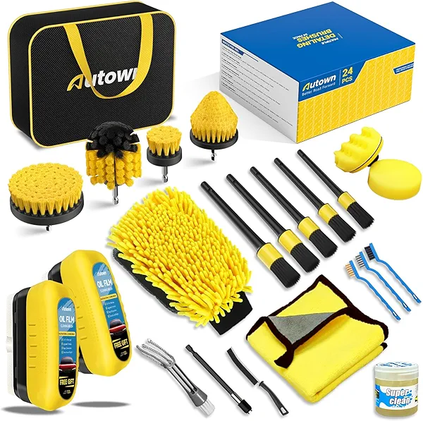 AUTOWN 24PCS Car Detailing Kits, Detailing Brush Set with Drill Brush Attachments and Oil Film Cleaning Brushes, Car Cleaning Kits for Interior, Exterior, Wheels, Windows