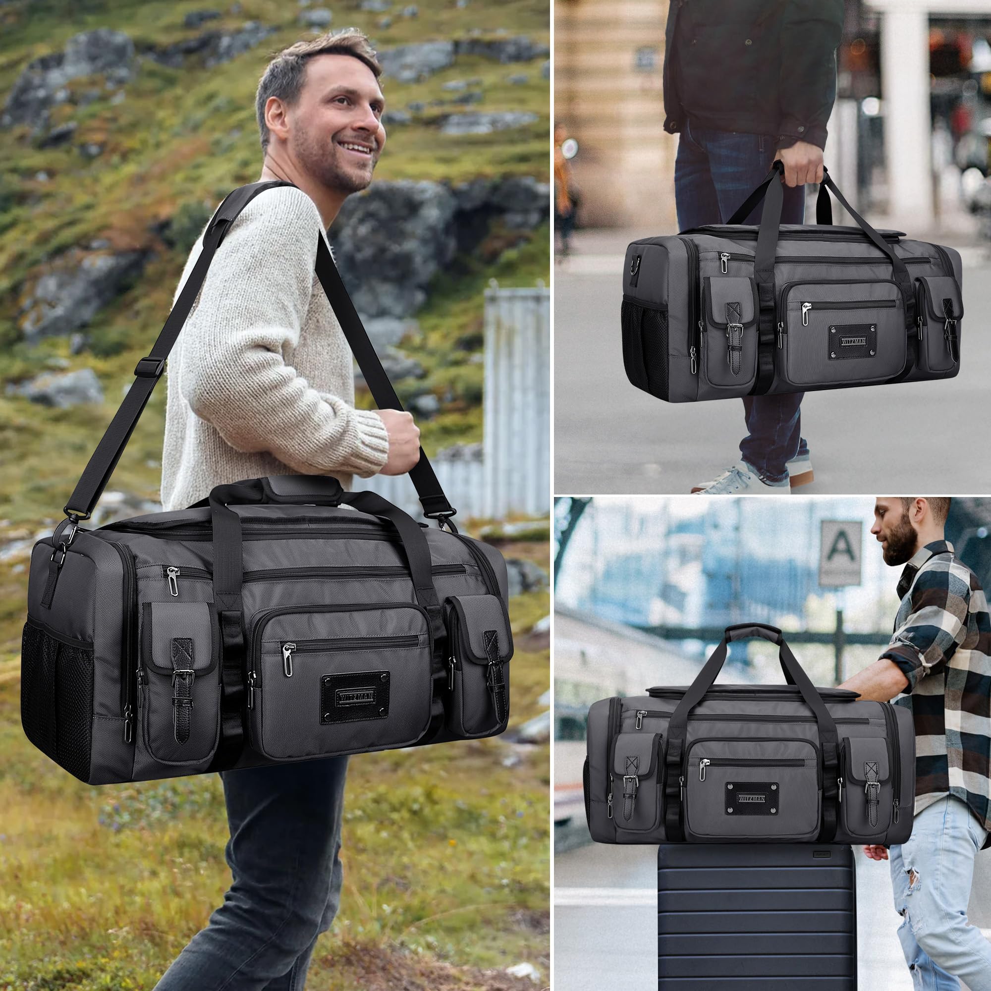 WITZMAN Reisetasche Herren Weekender Duffle Bag Groß 54L Sporttasche mit Schuhfach und Nassfach für Gym(B717 Silbergrau)