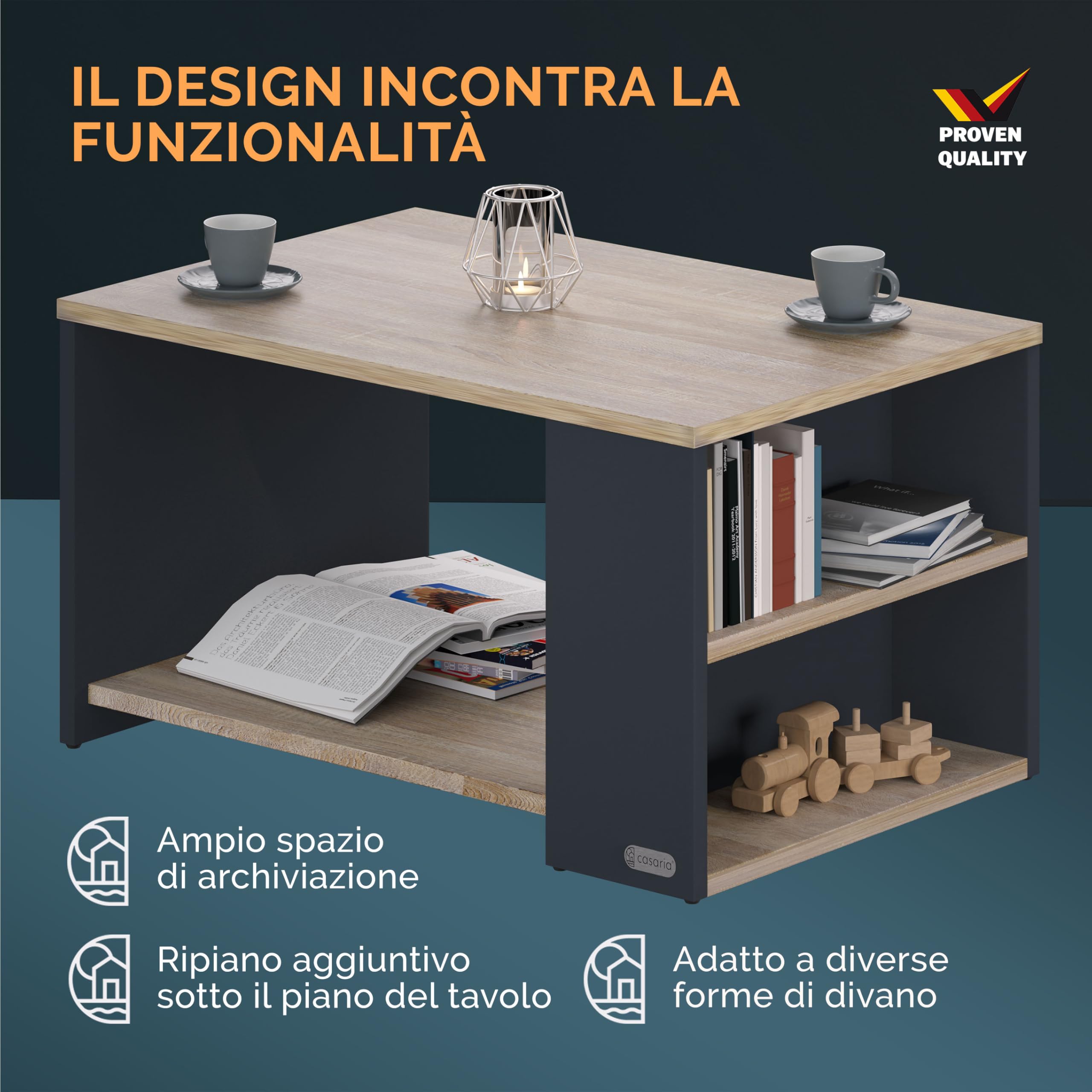 Casaria® Tavolino Divano da Caffè con Ripiano 2 Scomparti 90x60x50cm in Legno Carico Max 50kg Tavolo Basso Soggiorno Salotto