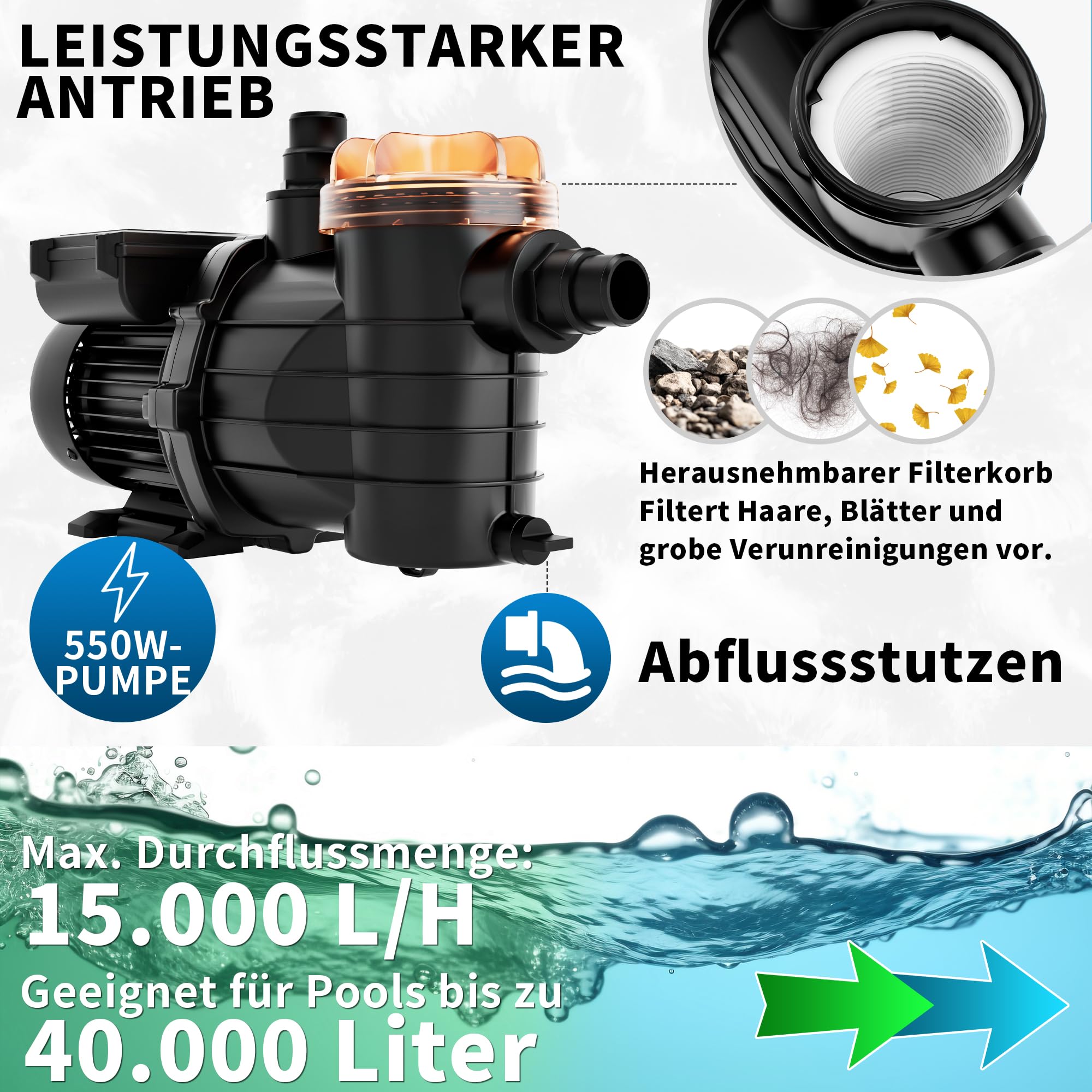 FOTING Depuradora de Arena con Temporizador 24 h – 14.000 L/h, Filtro de Piscina con Bomba, Válvula de 7 Vías con Manómetro, Adaptador Ø32-38 mm, 200 g de Bolas Filtrantes Incluidas