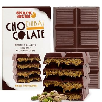 Snackrush Dubai Chocolate Bar - Premium Dark Chocolate with Pistachio Cream & Crispy Kataifi - Handcrafted Gourmet Knafeh Pastry Dessert Gift, 7.05 oz 200g
